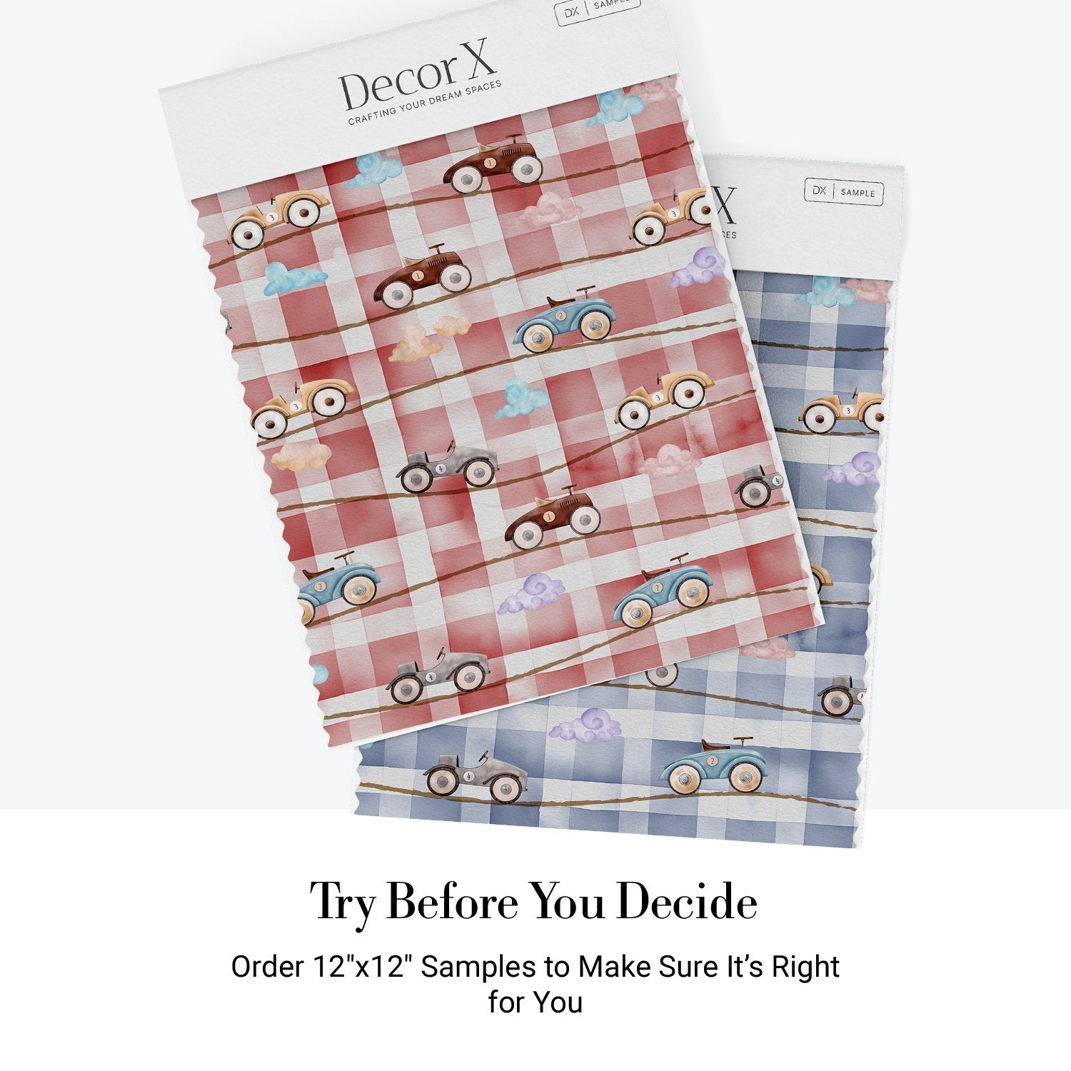 Retro toy racing cars scattered on pink and white gingham check background - view 11 - final all-groups samples