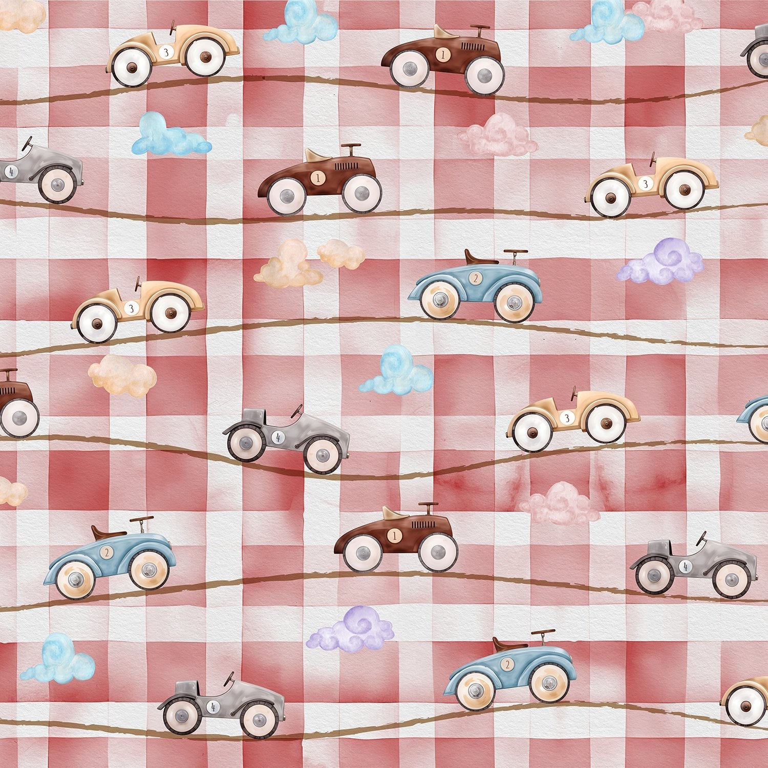 Retro toy racing cars scattered on pink and white gingham check background - view 2 - final