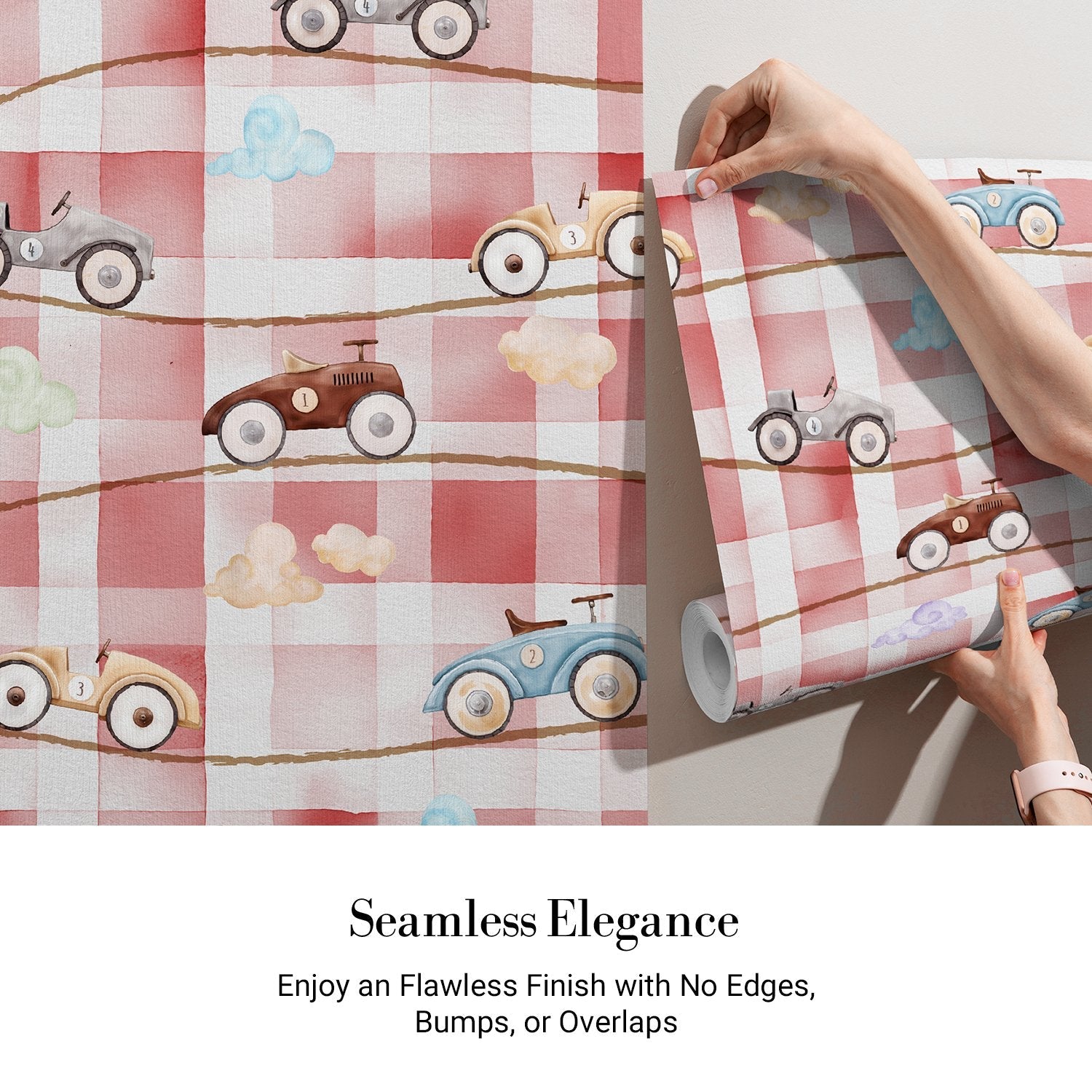 Retro toy racing cars scattered on pink and white gingham check background - view 3 - final