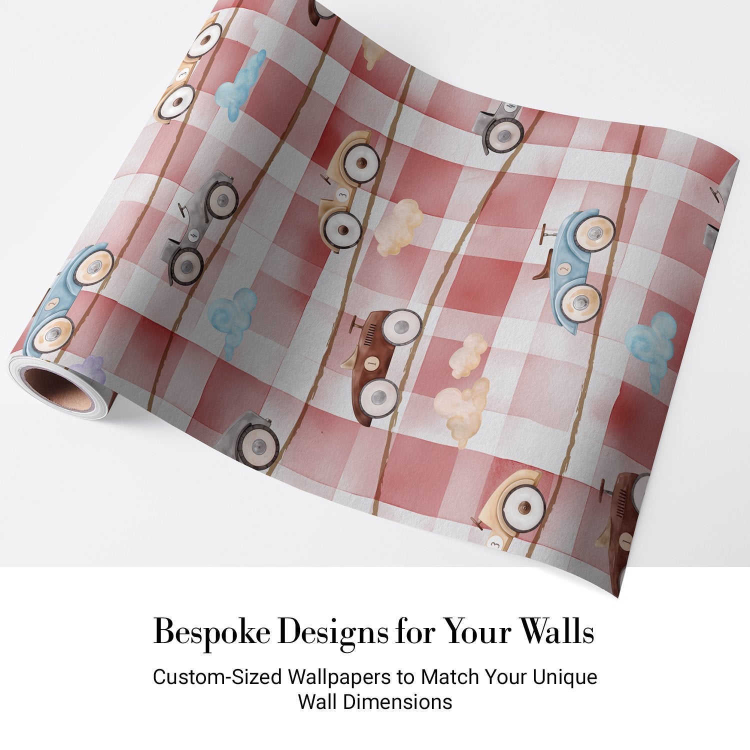 Retro toy racing cars scattered on pink and white gingham check background - view 4 - final