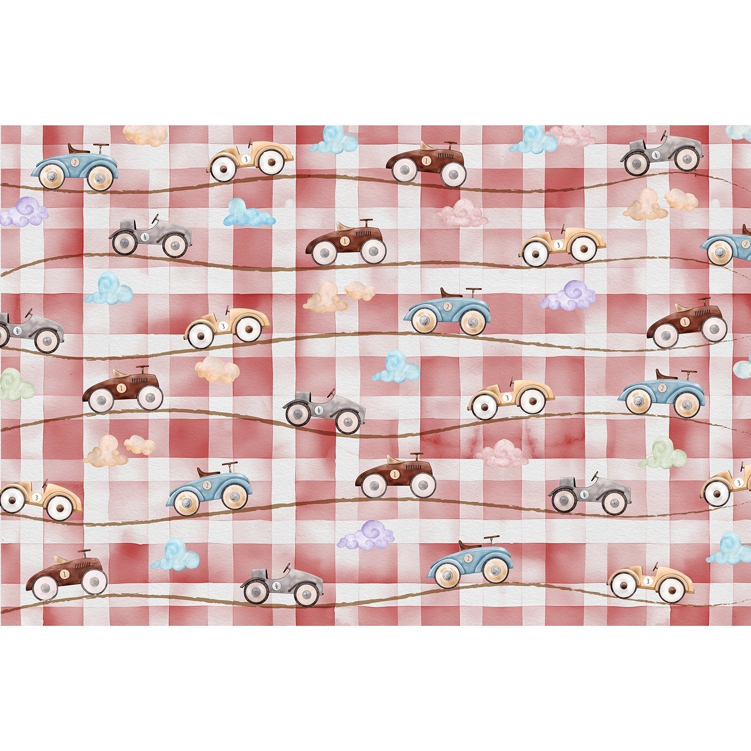 "Retro roadsters vintage cars on lea - kids wallpaper mural-equal final"