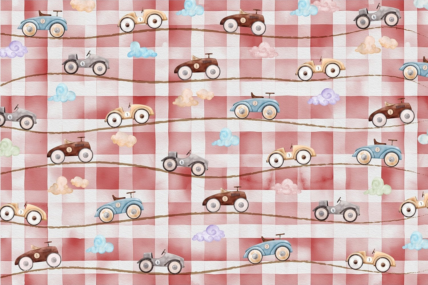 "Retro roadsters vintage cars lea - kids wallpaper mural-inequal final"