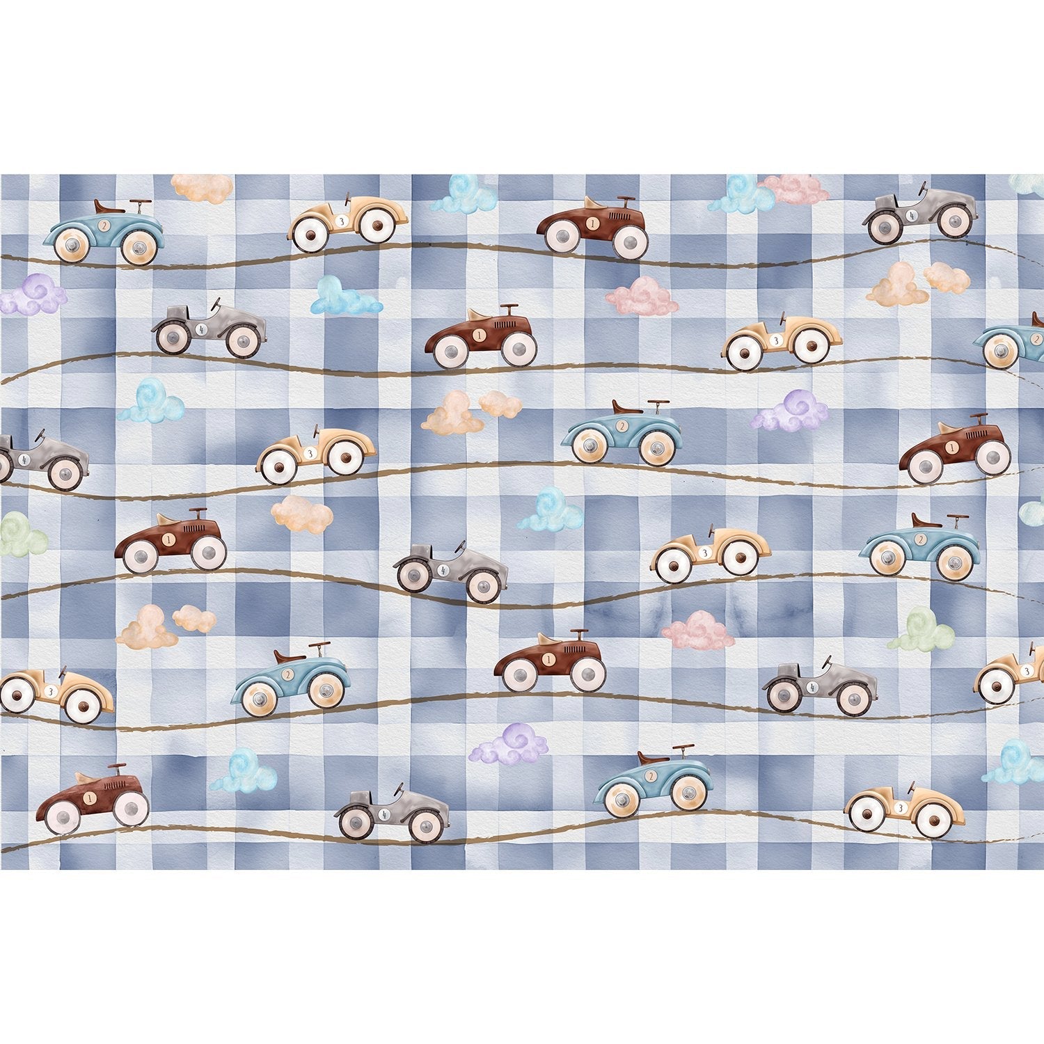 "Retro roadsters vintage cars on lea - kids wallpaper mural-equal final"