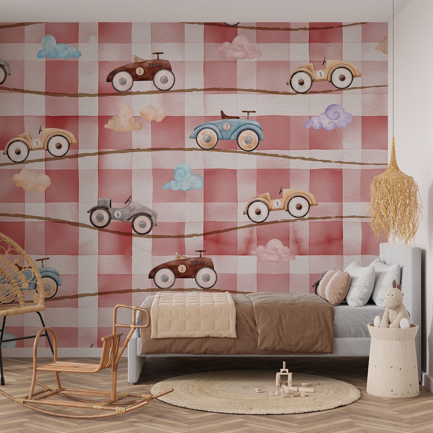 Retro toy racing cars scattered on pink and white gingham check background - final kids-room