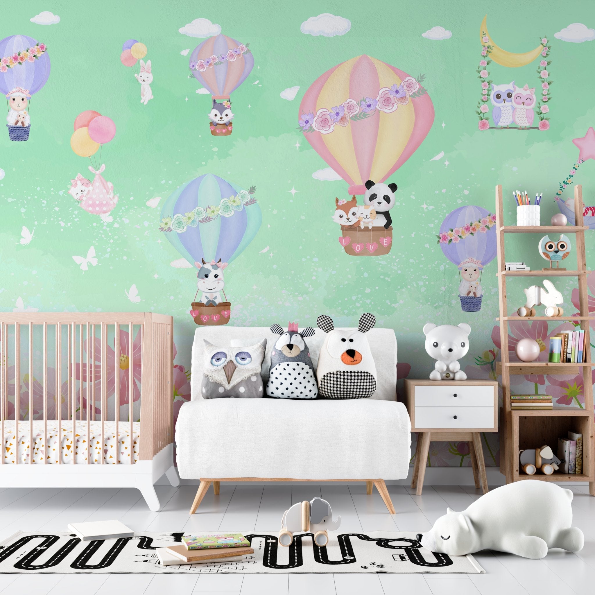 Cute cartoon animals riding pastel hot air balloons on mint green background - view 11 - final