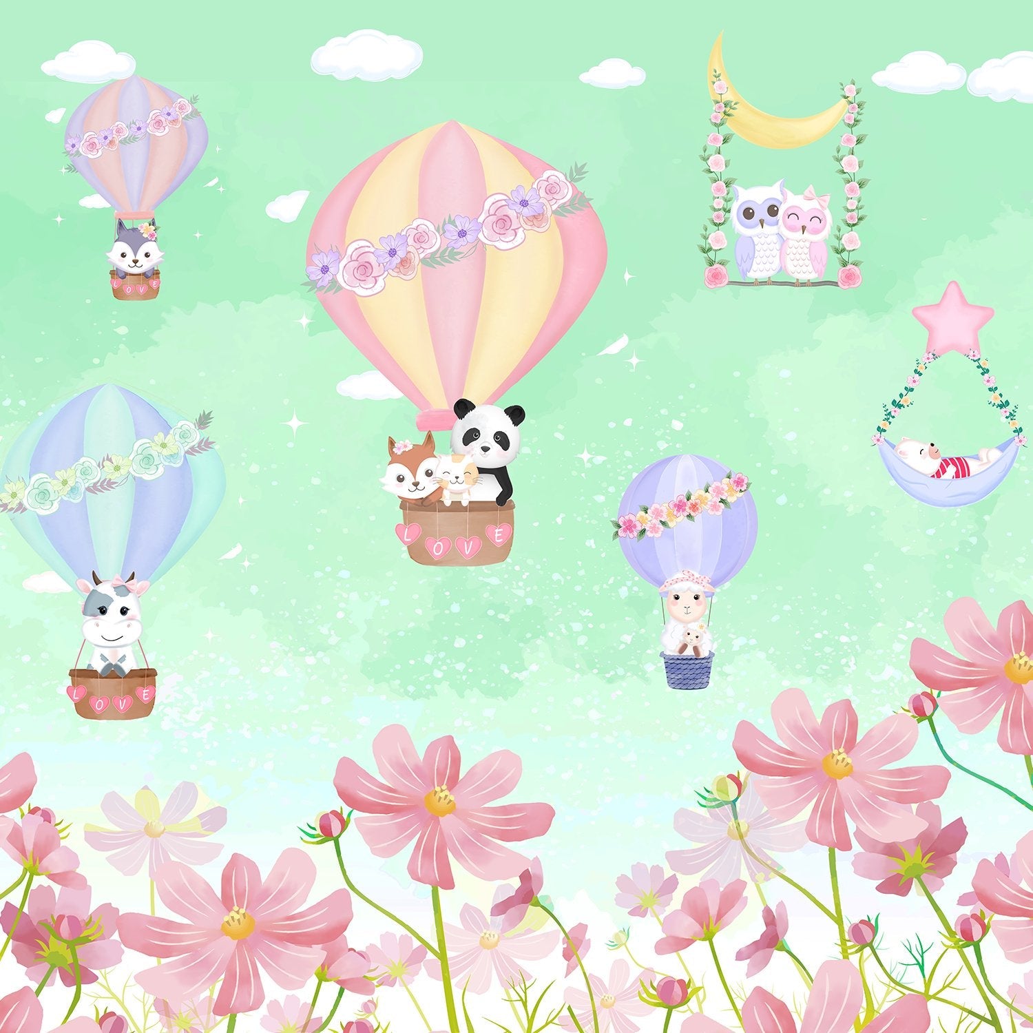 Cute cartoon animals riding pastel hot air balloons on mint green background - view 12 - final