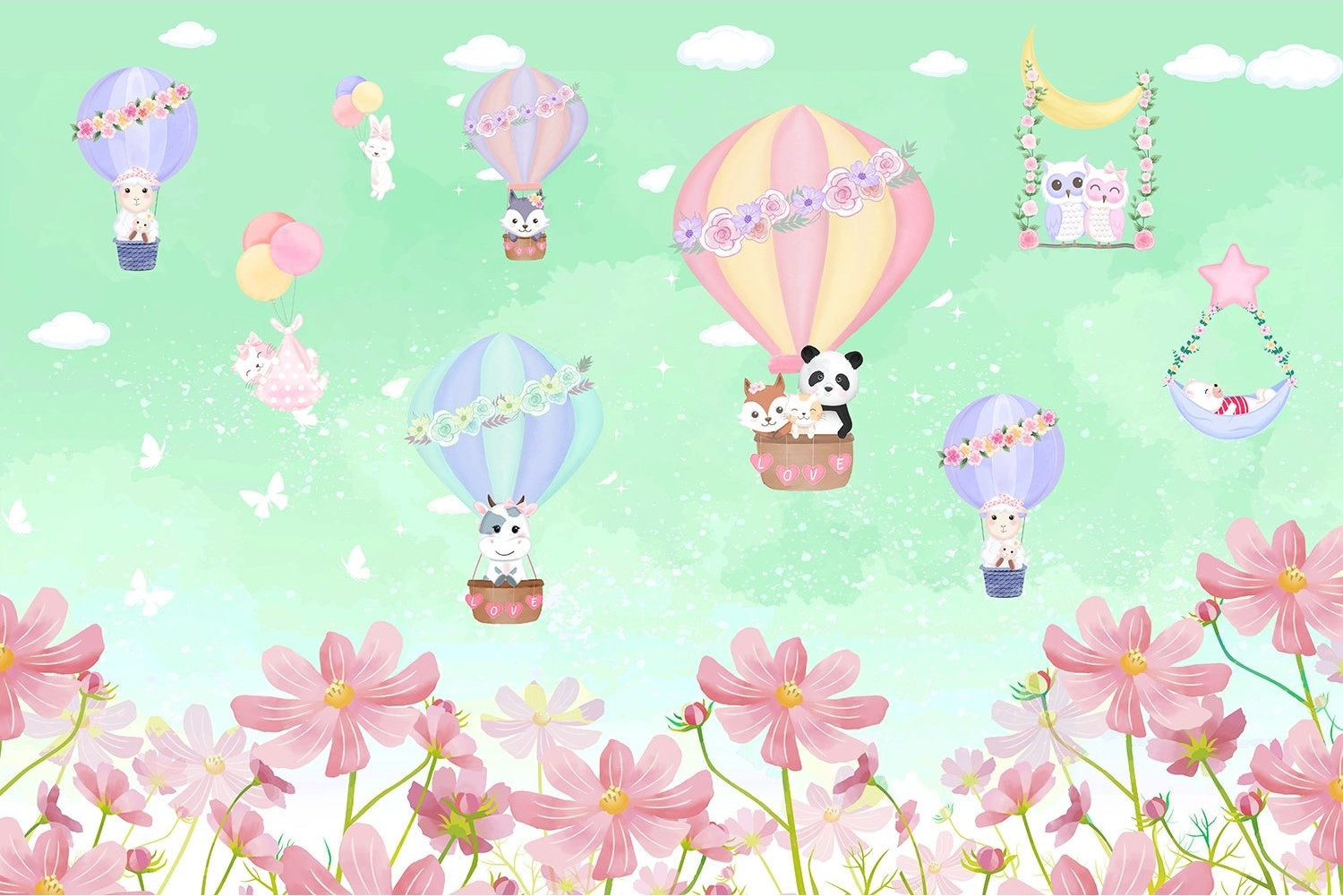 "Dreamy balloon ride kids room wallpaper in lea - kids wallpaper mural-inequal final"