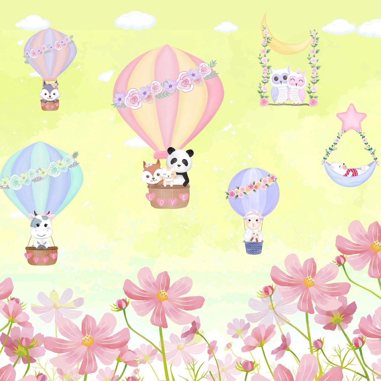 Cute cartoon animals riding pastel hot air balloons on mint green background - view 2 - final