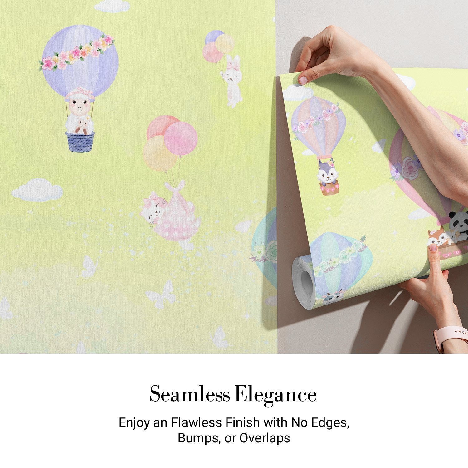 Cute cartoon animals riding pastel hot air balloons on mint green background - view 3 - final