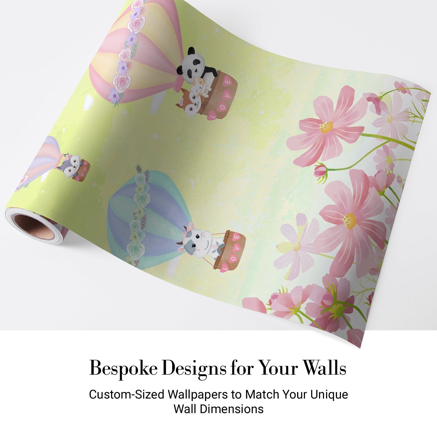 Cute cartoon animals riding pastel hot air balloons on mint green background - view 4 - final