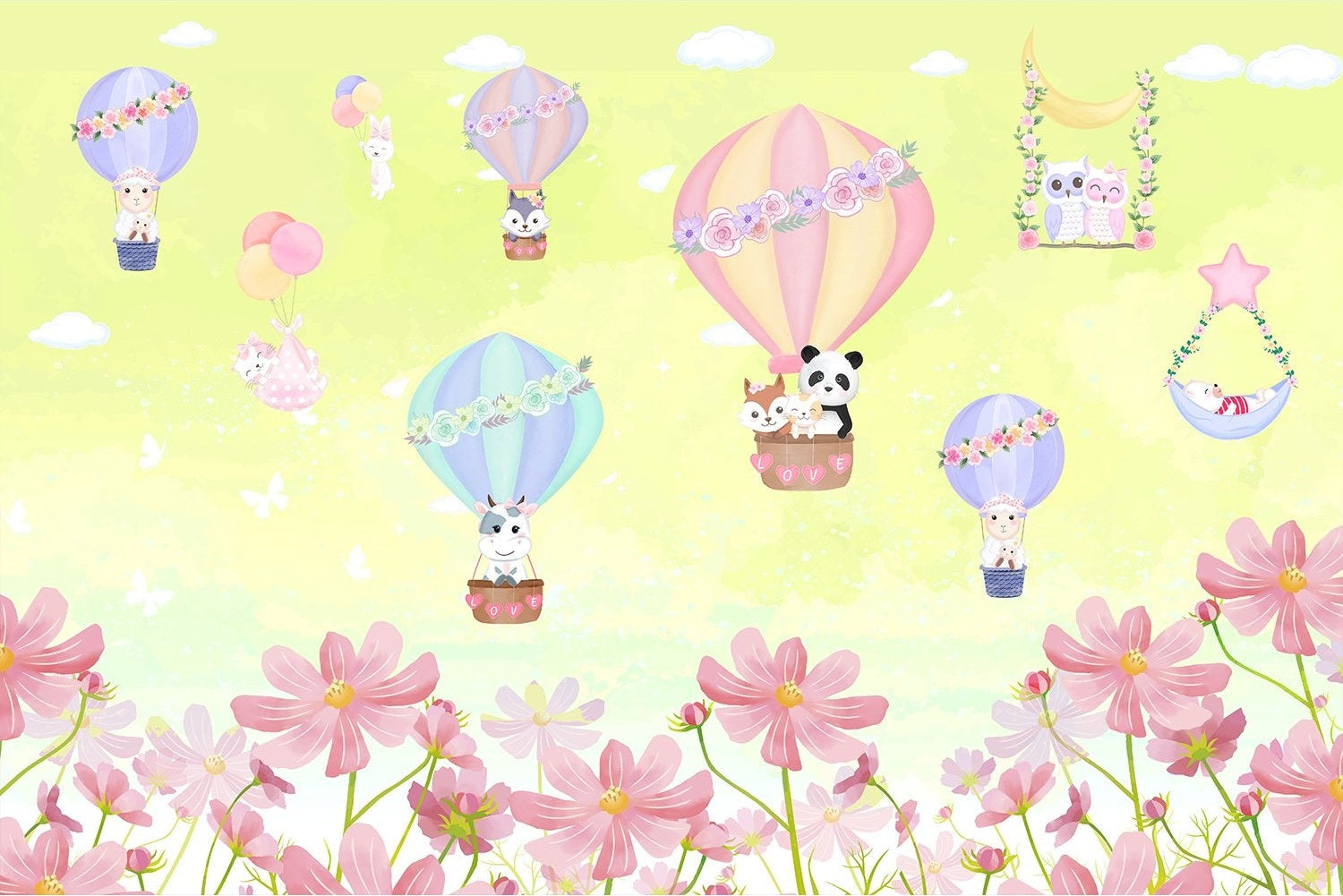 "Dreamy balloon ride kids room wallpaper in lea - kids wallpaper mural-inequal final"