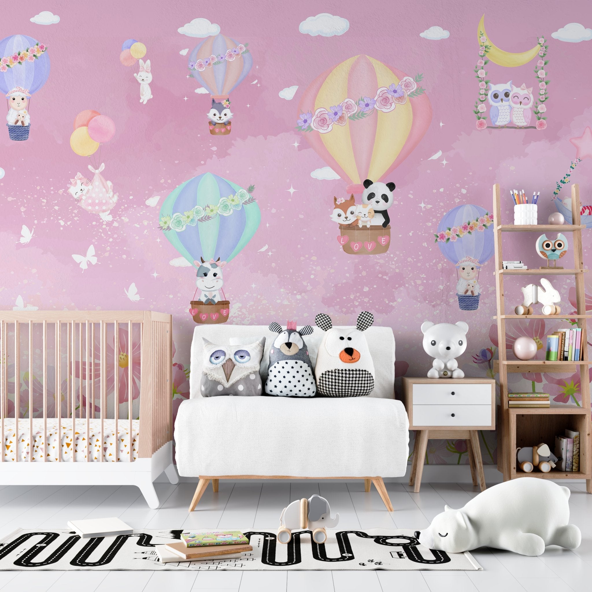 Cute cartoon animals riding pastel hot air balloons on mint green background - view 7 - final