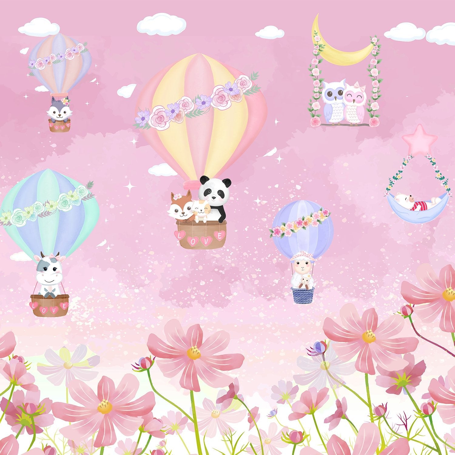 Cute cartoon animals riding pastel hot air balloons on mint green background - view 8 - final