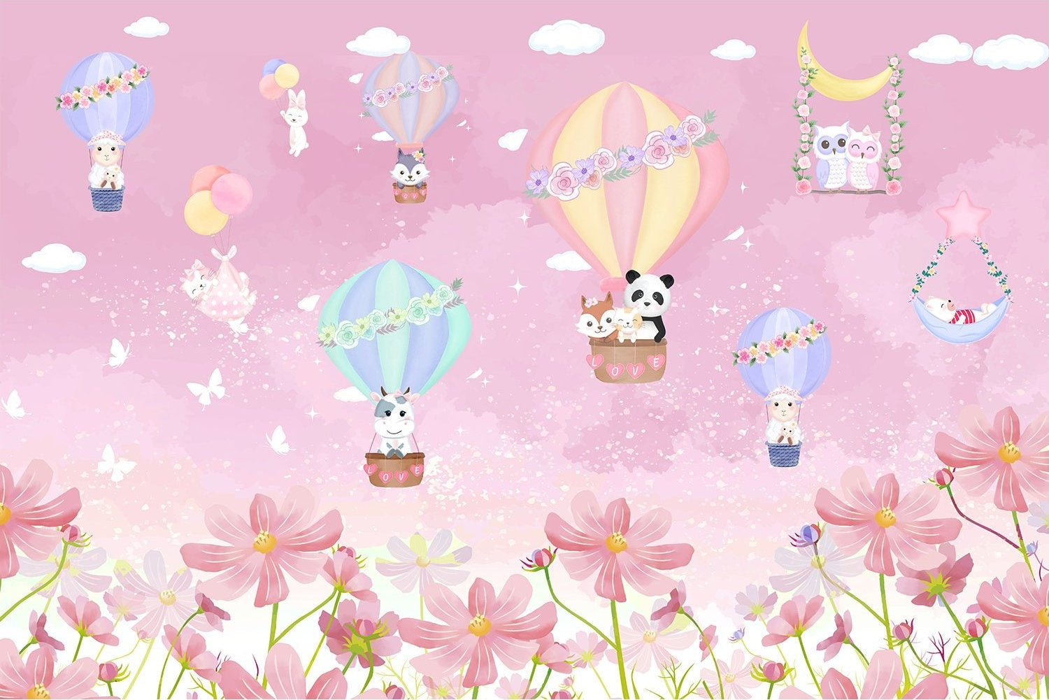 "Dreamy balloon ride kids room wallpaper in lea - kids wallpaper mural-inequal final"