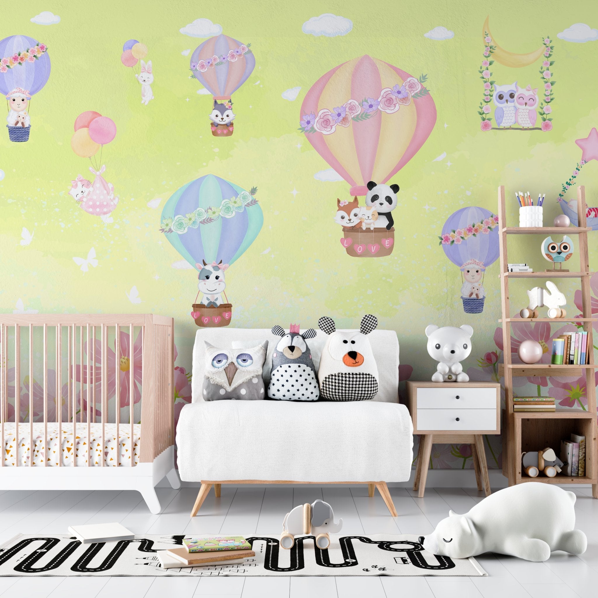 Cute cartoon animals riding pastel hot air balloons on mint green background - final kids-room