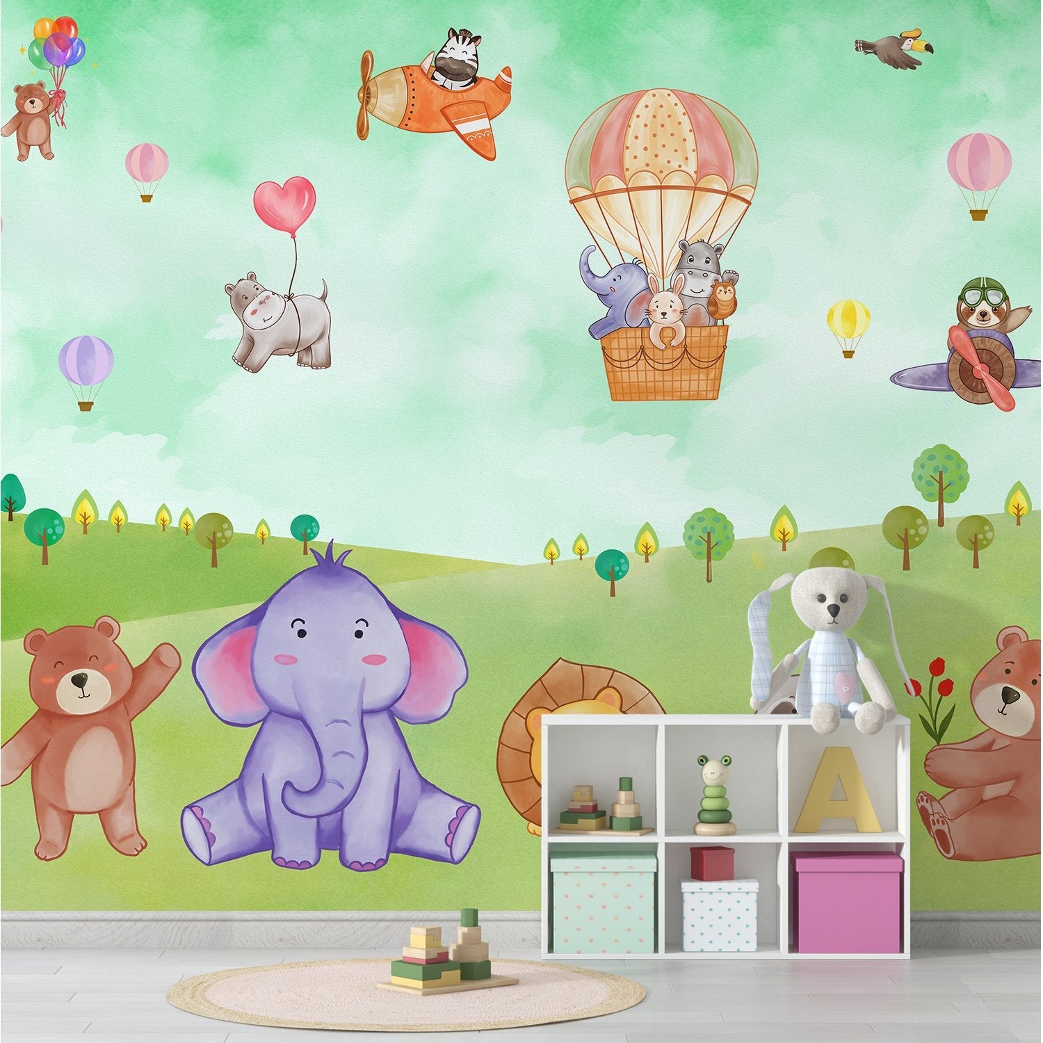 Cartoon animals in hot air balloons and aircraft over green hills with playful scenery - view 10 - final kids-room
