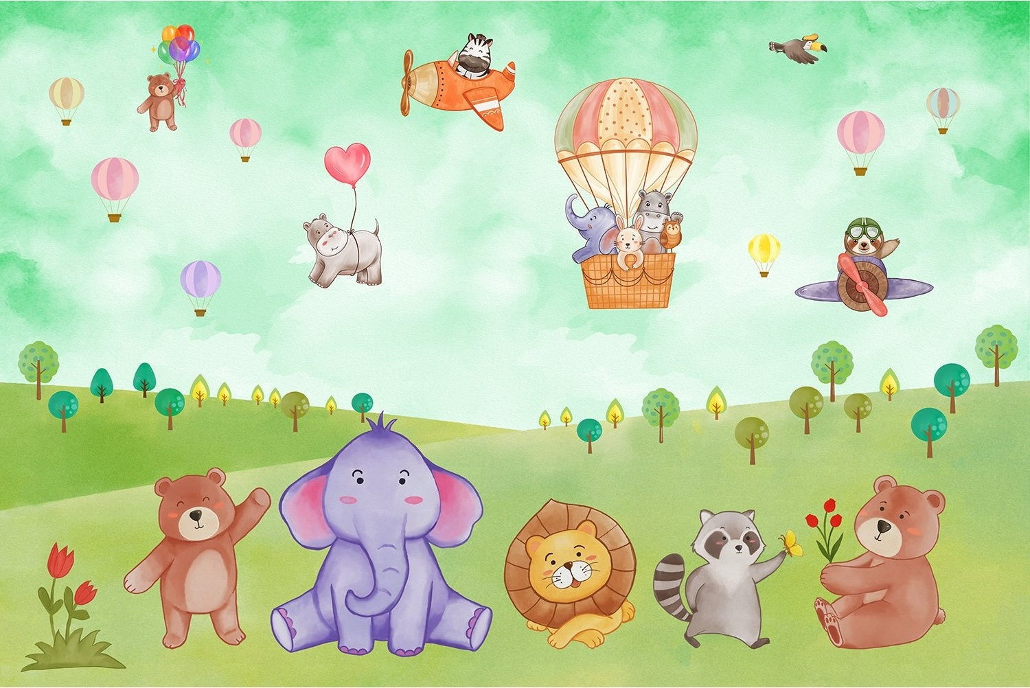 "Colorful lea balloon wildlife adventure kids wallpaper mural-inequal final"