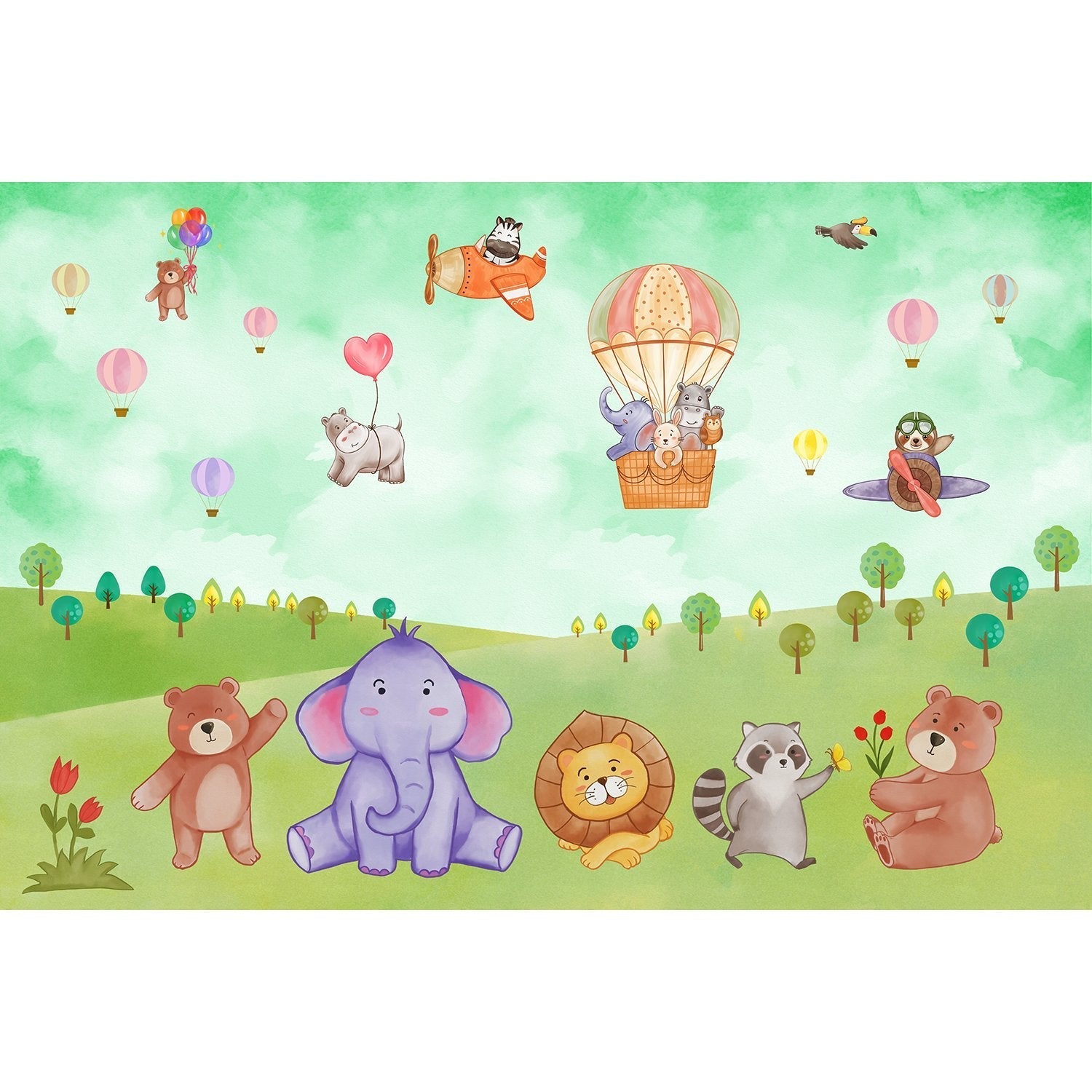"Colorful lea balloon wildlife adventure kids wallpaper mural-equal final"