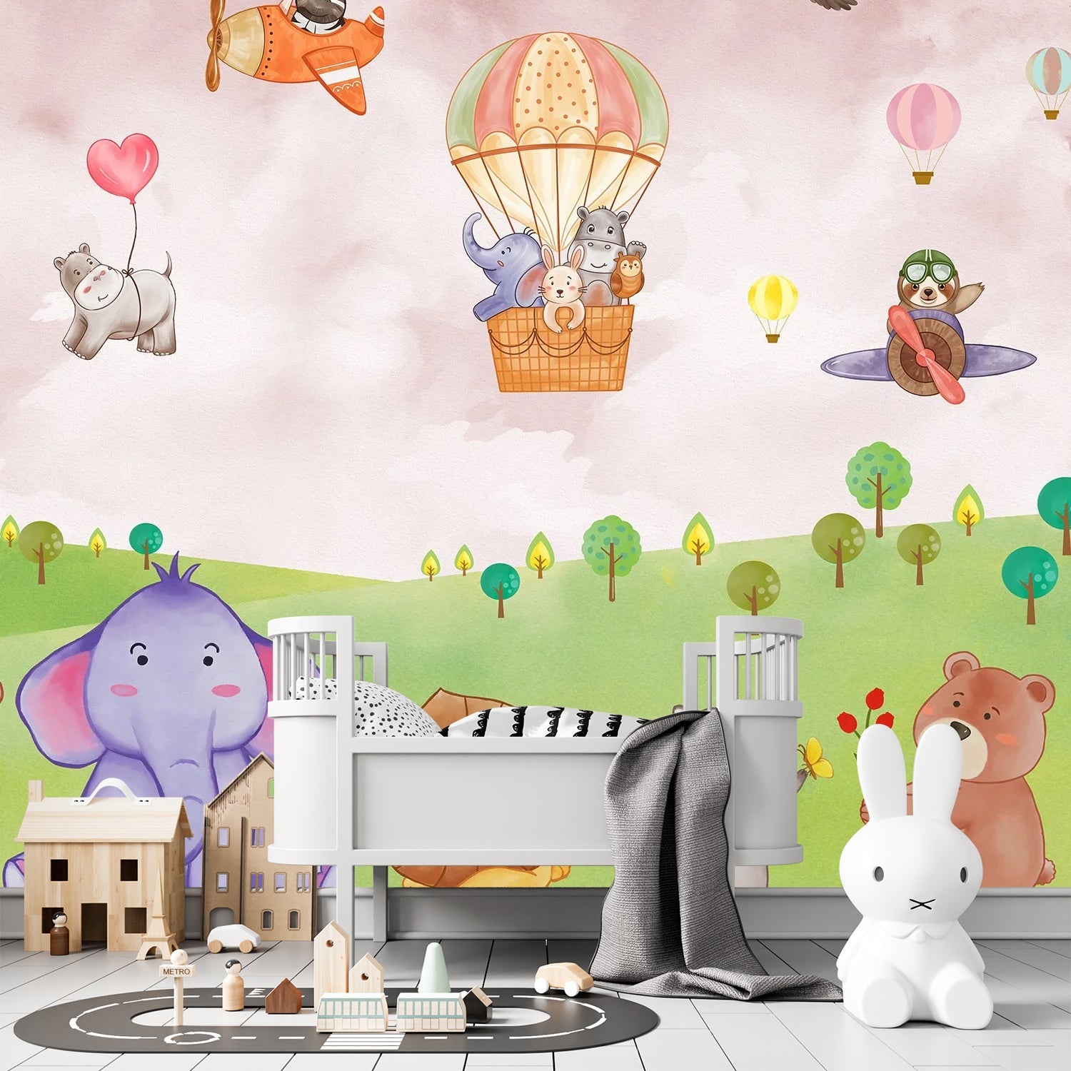 Cartoon animals in hot air balloons and aircraft over green hills with playful scenery - view 13 - final kids-room