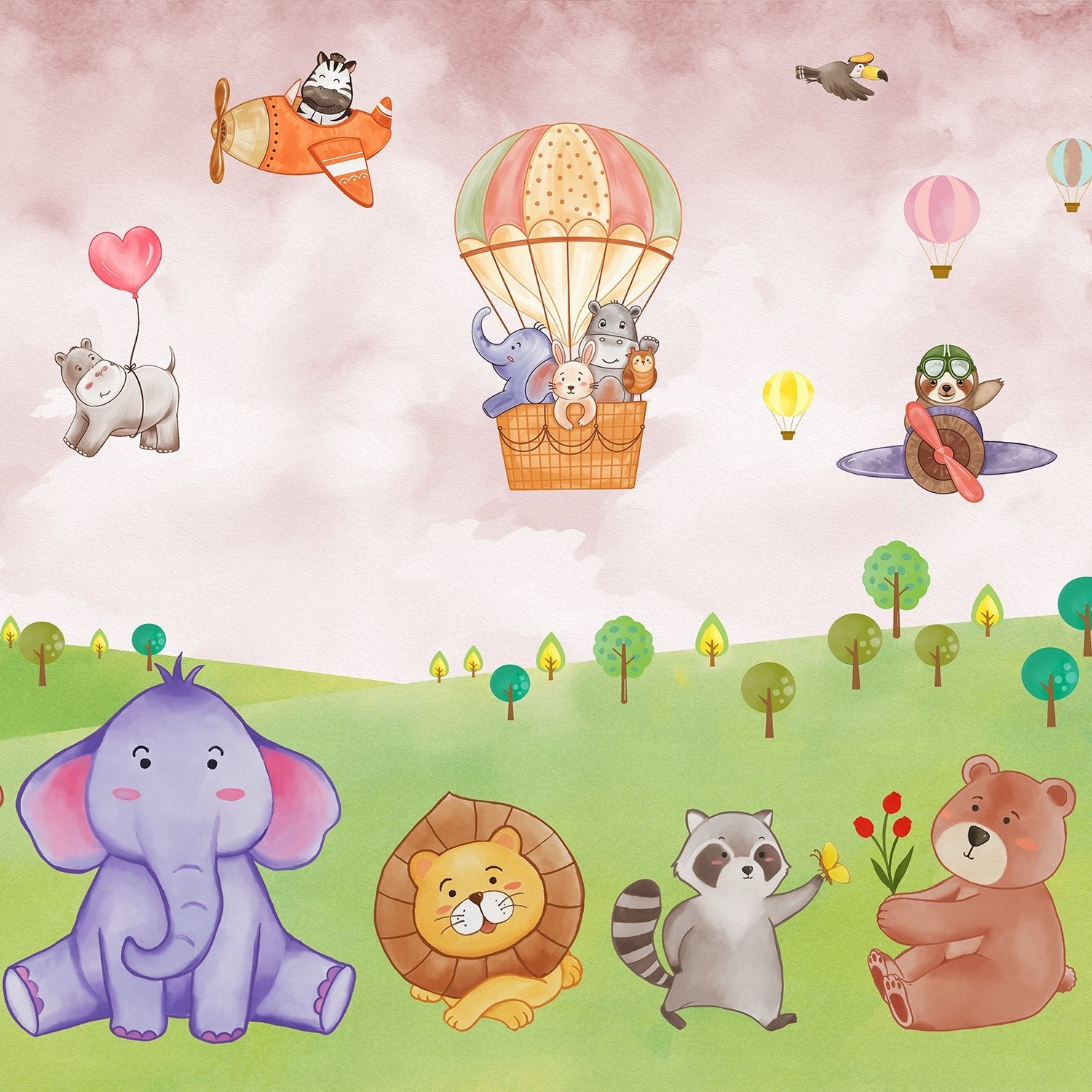 Cartoon animals in hot air balloons and aircraft over green hills with playful scenery - view 14 - final
