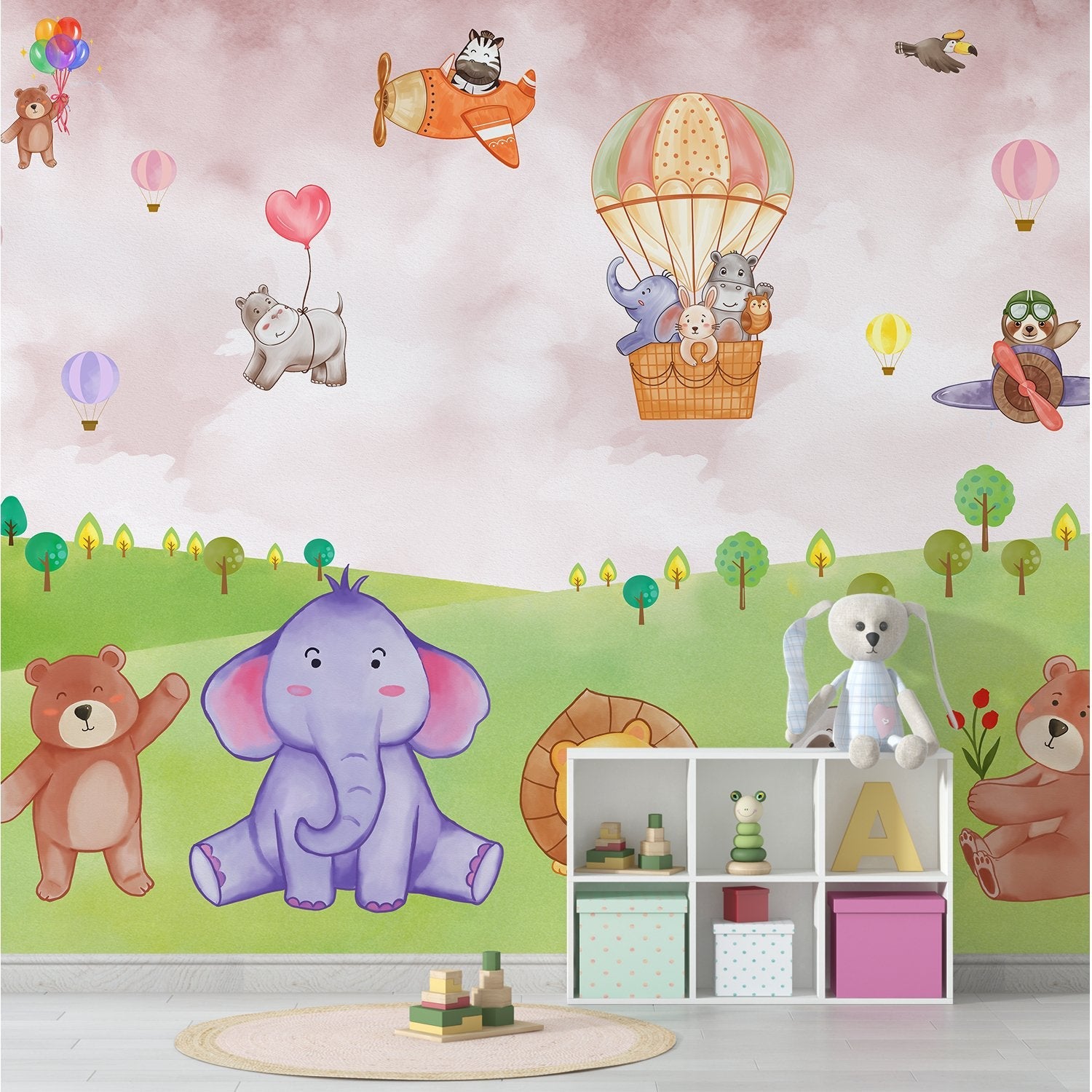 Cartoon animals in hot air balloons and aircraft over green hills with playful scenery - view 15 - final kids-room