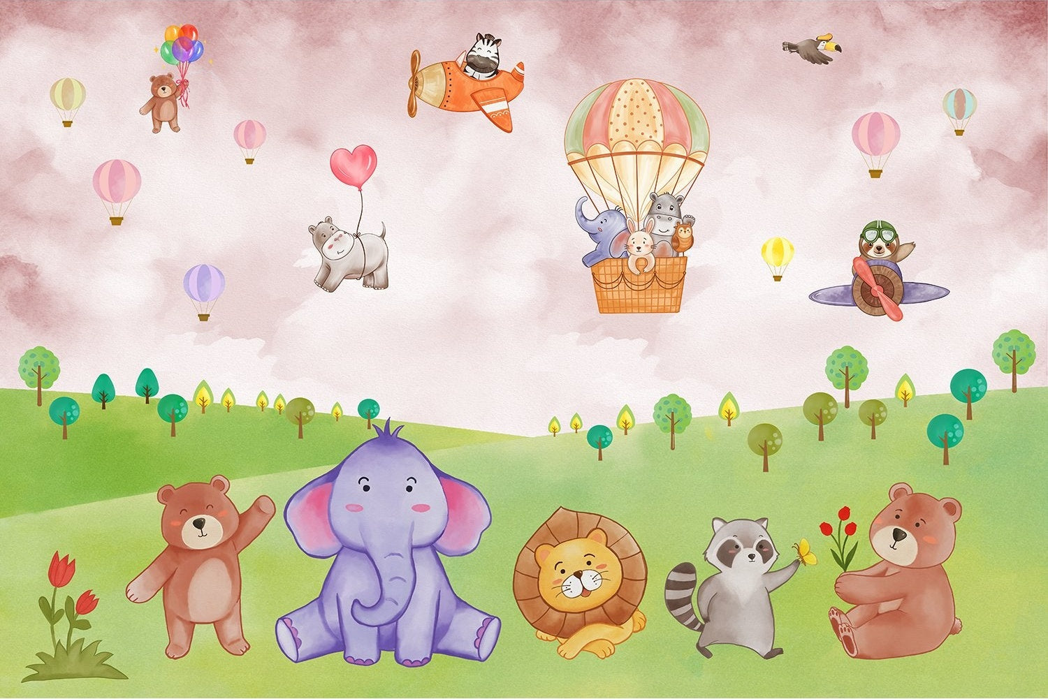 "Colorful lea balloon wildlife adventure kids wallpaper mural-inequal final"