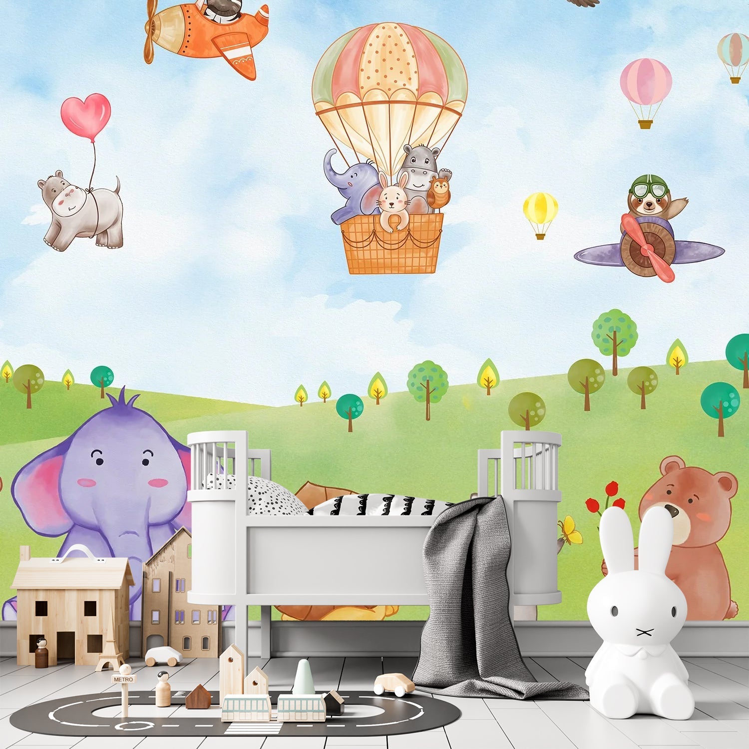Cartoon animals in hot air balloons and aircraft over green hills with playful scenery - view 18 - final kids-room