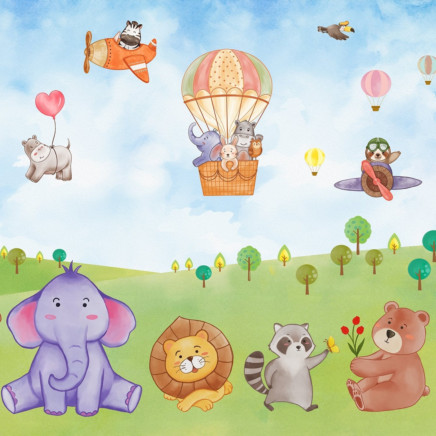 Cartoon animals in hot air balloons and aircraft over green hills with playful scenery - view 19 - final
