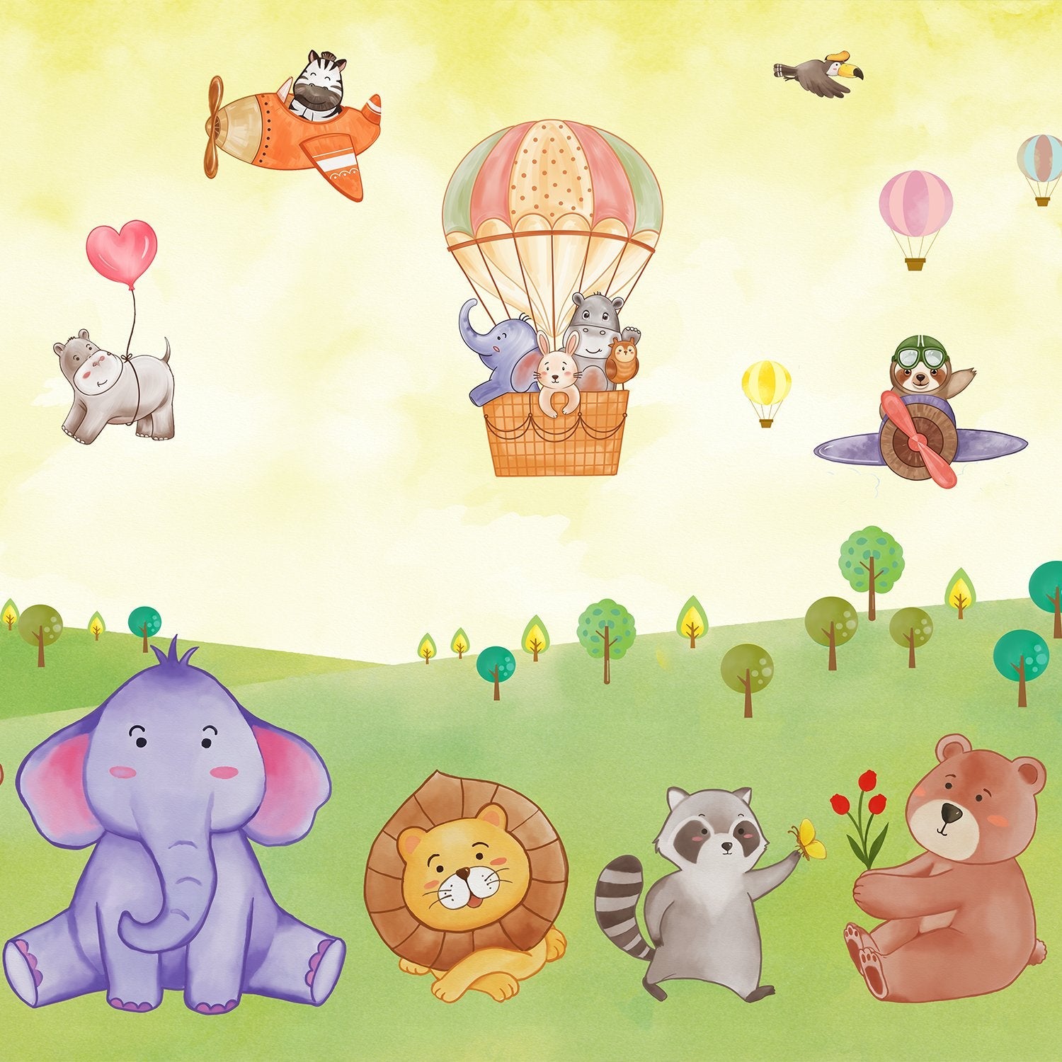 Cartoon animals in hot air balloons and aircraft over green hills with playful scenery - view 2 - final