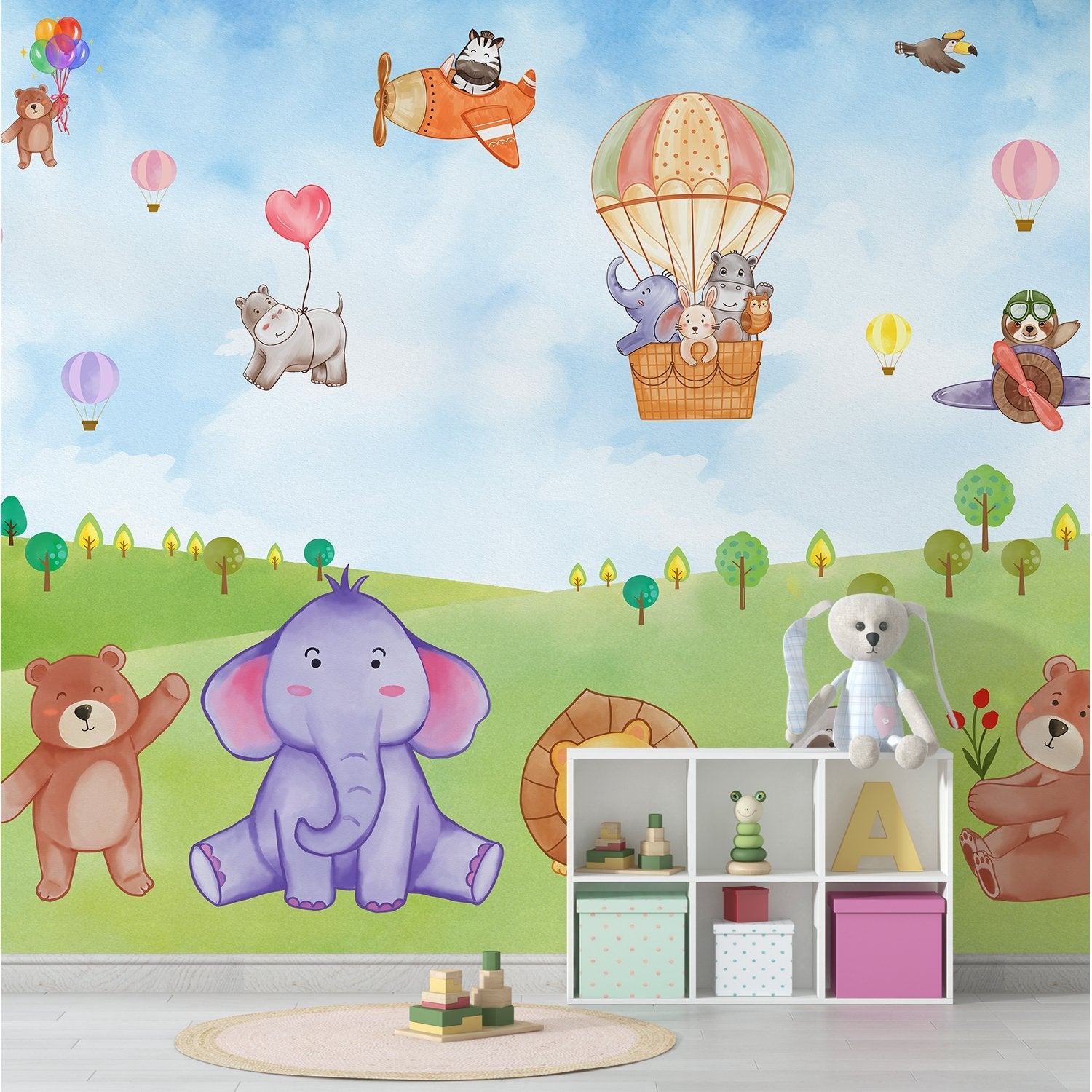Cartoon animals in hot air balloons and aircraft over green hills with playful scenery - view 20 - final kids-room