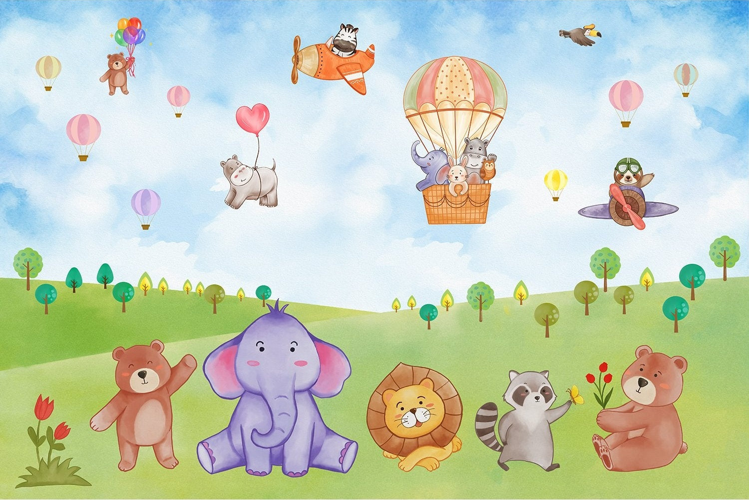 "Colorful lea balloon wildlife adventure kids wallpaper mural-inequal final"