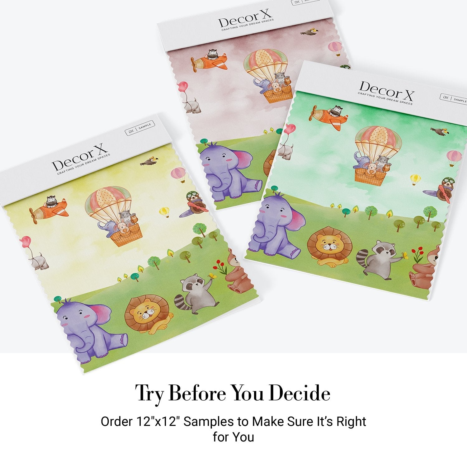 Cartoon animals in hot air balloons and aircraft over green hills with playful scenery - view 23 - final all-groups samples