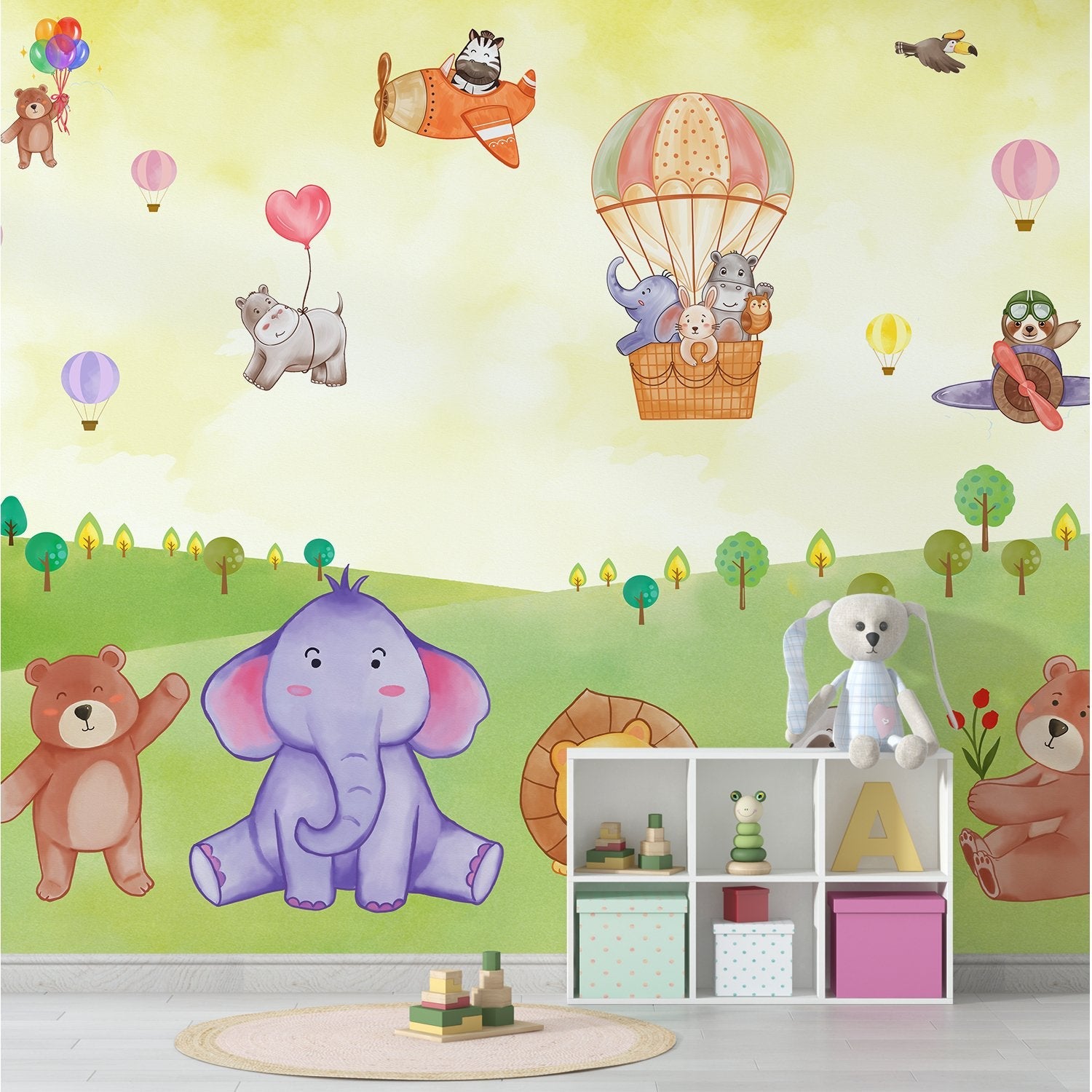 Cartoon animals in hot air balloons and aircraft over green hills with playful scenery - view 3 - final kids-room