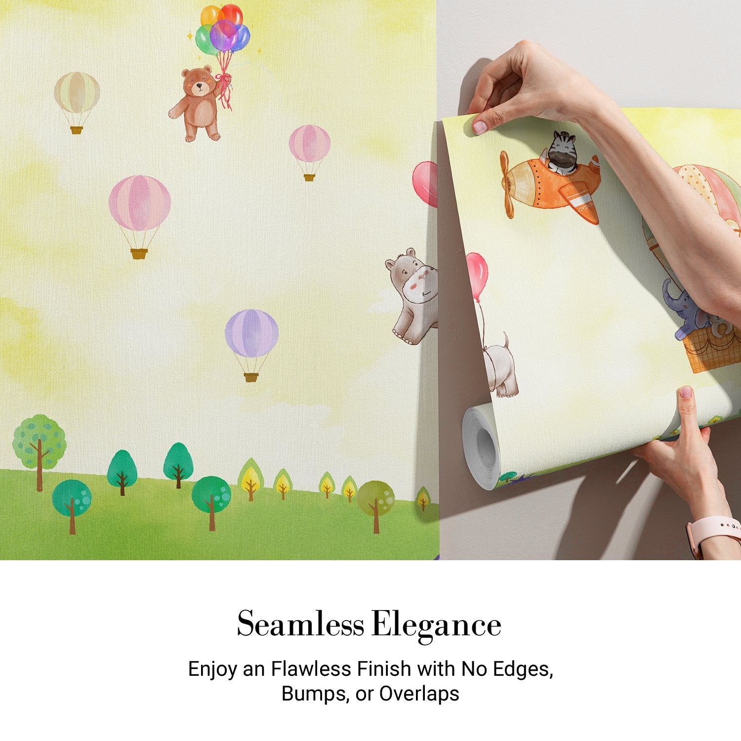 Cartoon animals in hot air balloons and aircraft over green hills with playful scenery - view 4 - final