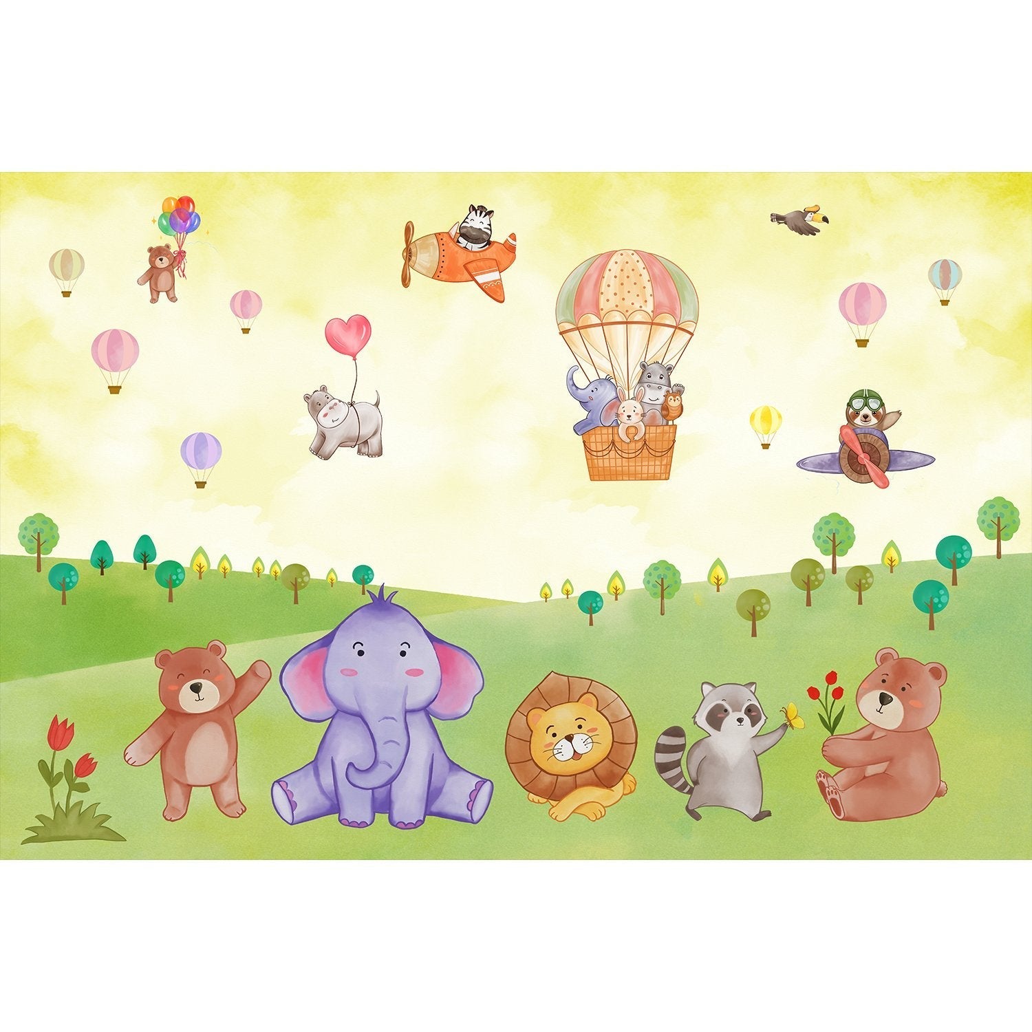 "Colorful lea balloon wildlife adventure kids wallpaper mural-equal final"