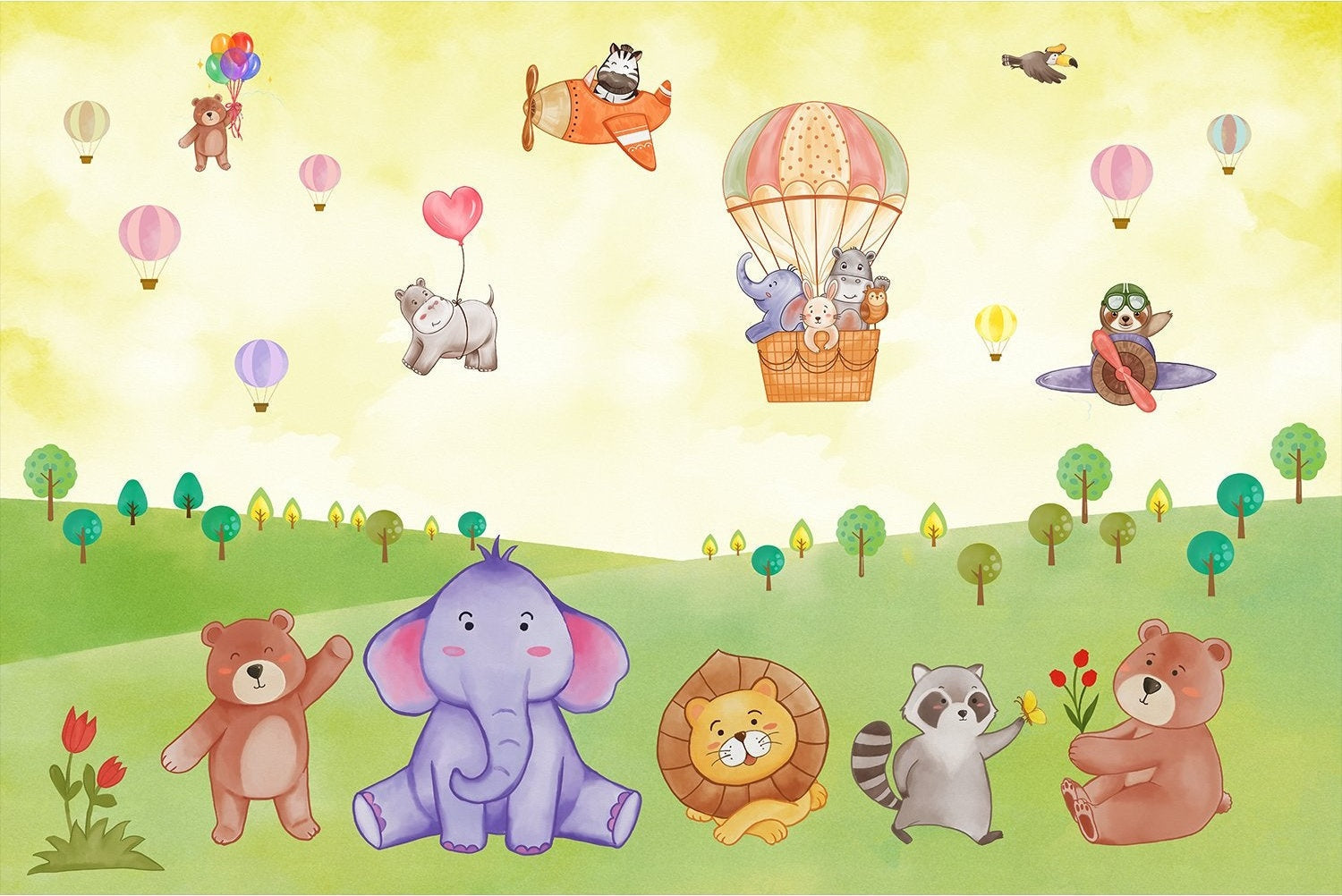 "Colorful lea balloon wildlife adventure kids wallpaper mural-inequal final"