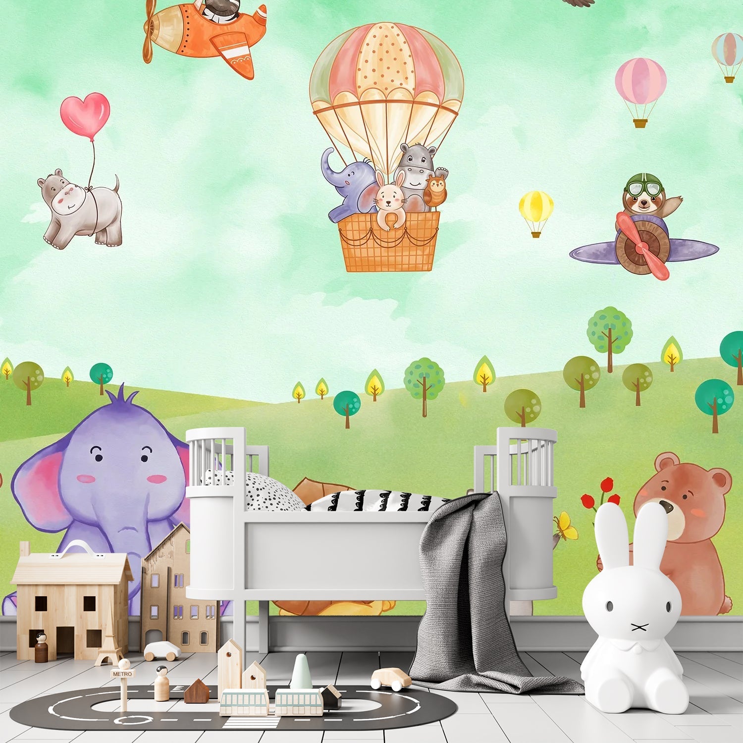 Cartoon animals in hot air balloons and aircraft over green hills with playful scenery - view 8 - final kids-room