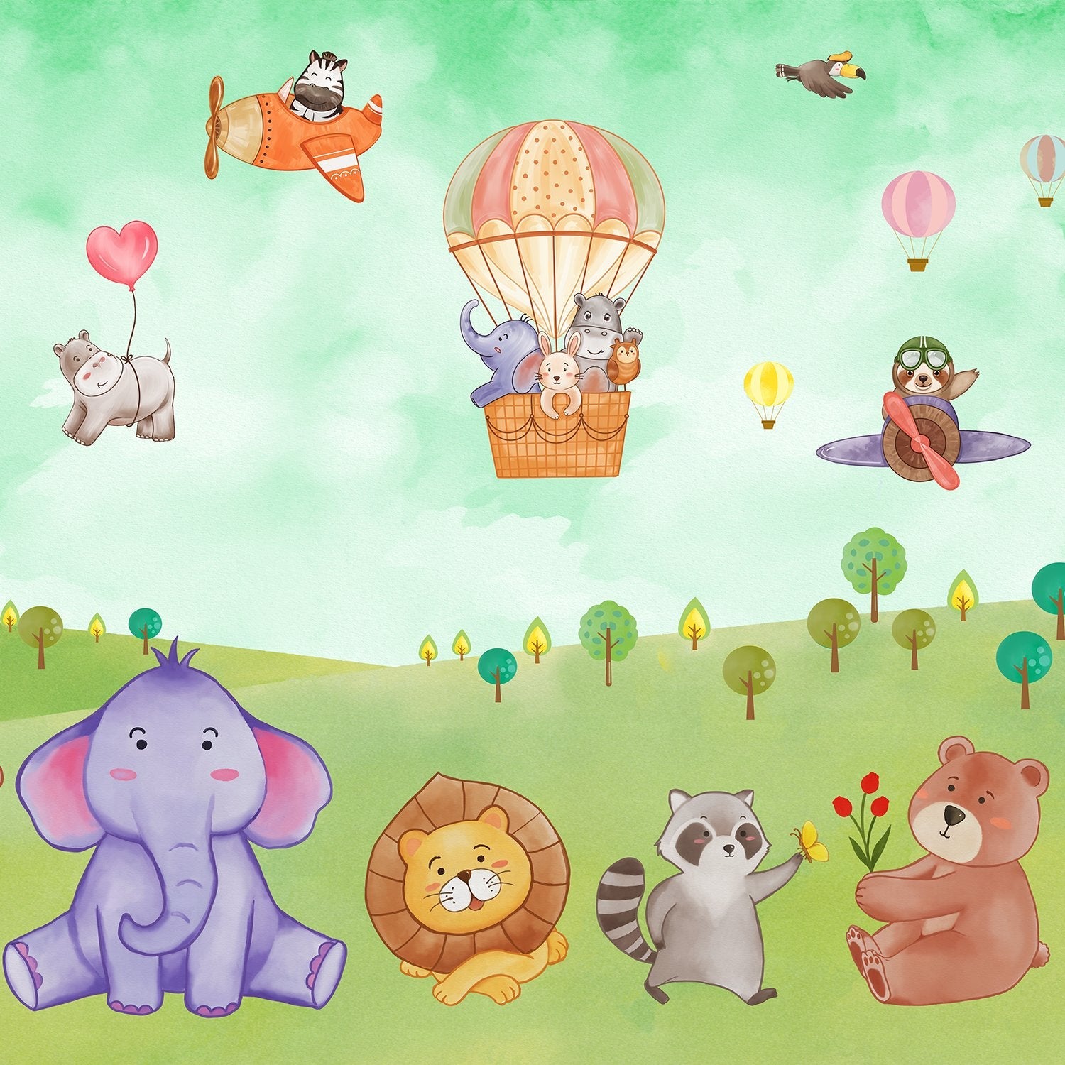 Cartoon animals in hot air balloons and aircraft over green hills with playful scenery - view 9 - final