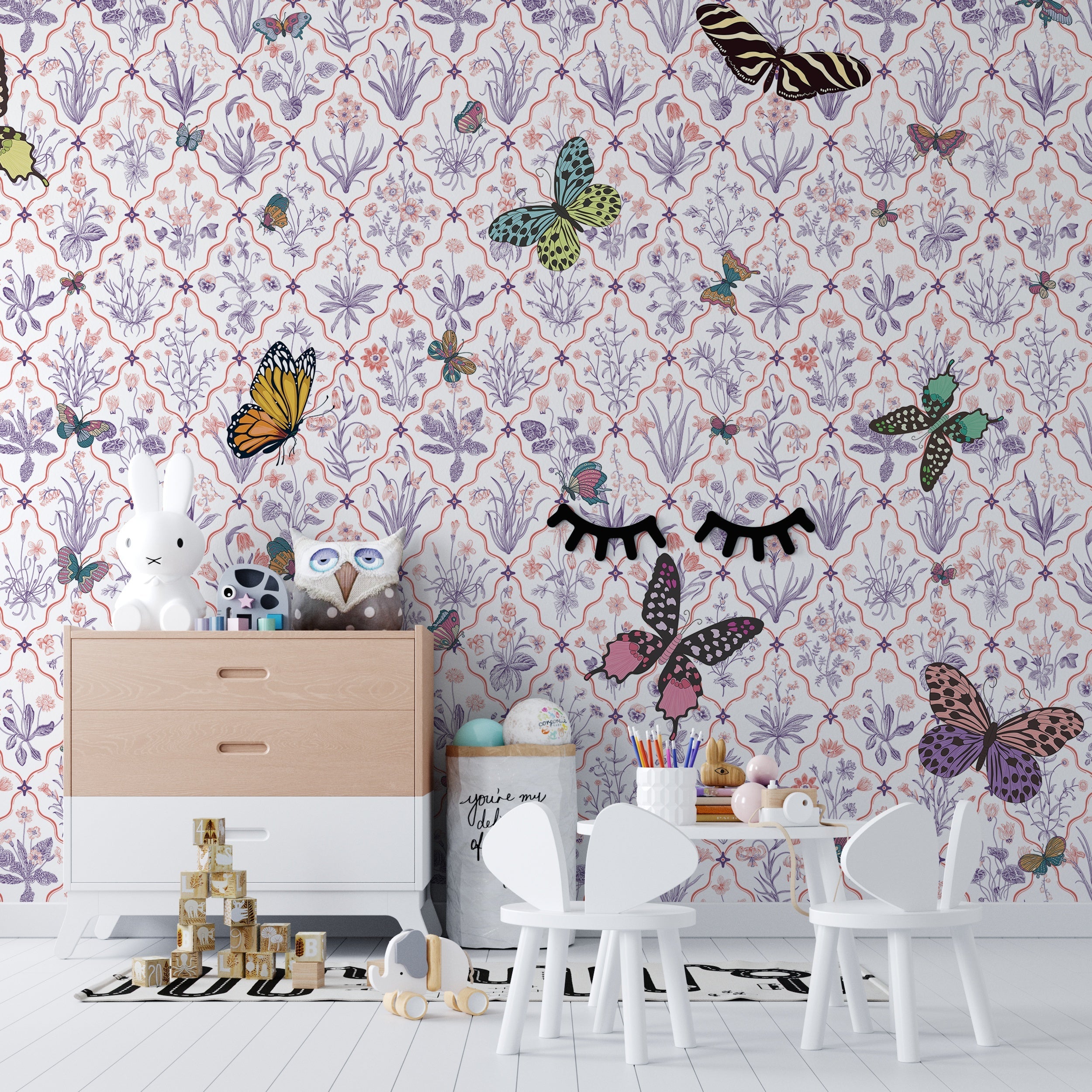 Delicate damask pattern with colorful butterflies and eyelash details on soft mint background - view 12 - final