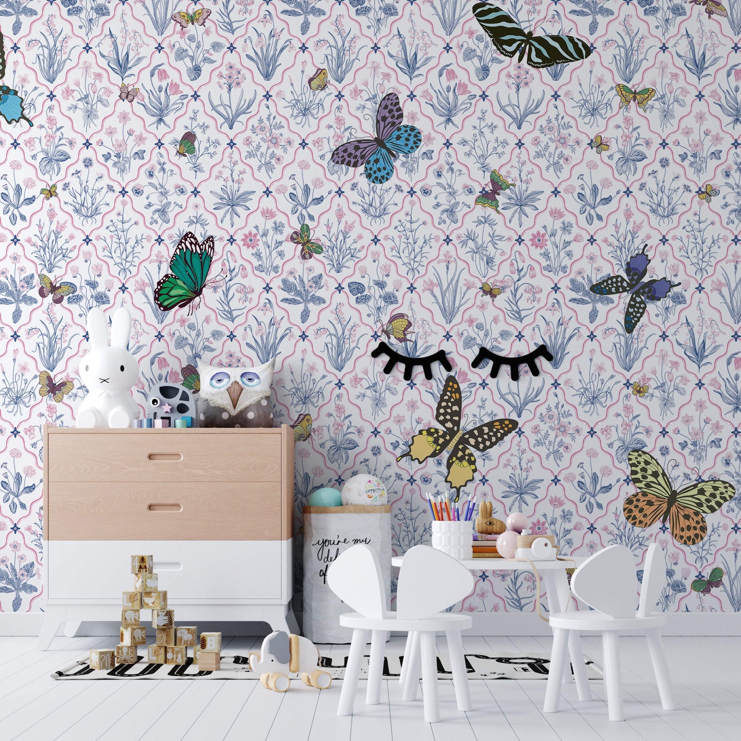 Delicate damask pattern with colorful butterflies and eyelash details on soft mint background - view 16 - final