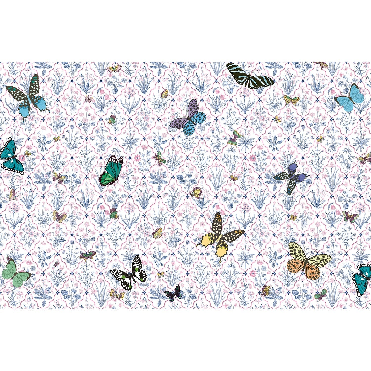 Delicate damask pattern with colorful butterflies and eyelash details on soft mint background - view 18 - final mural-equal