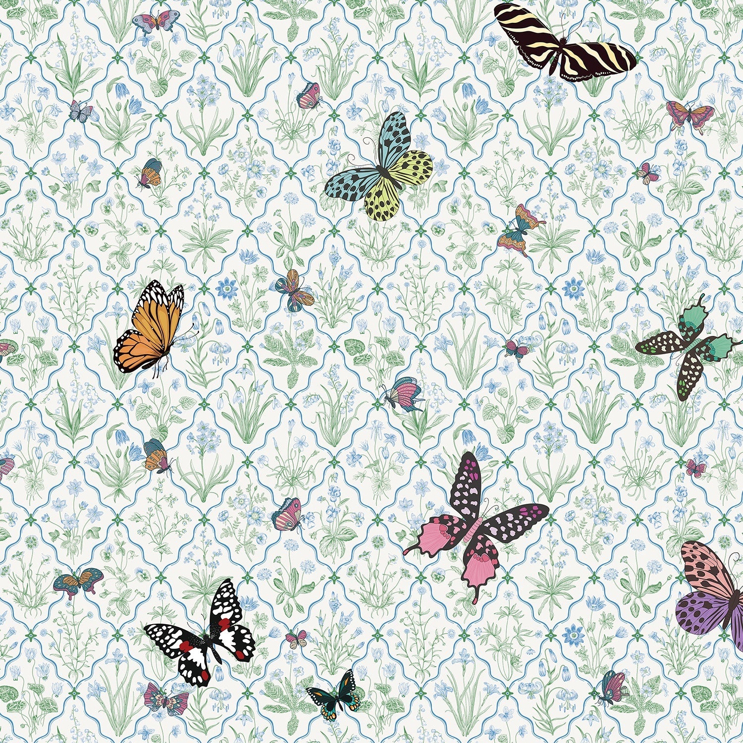 Delicate damask pattern with colorful butterflies and eyelash details on soft mint background - view 2 - final