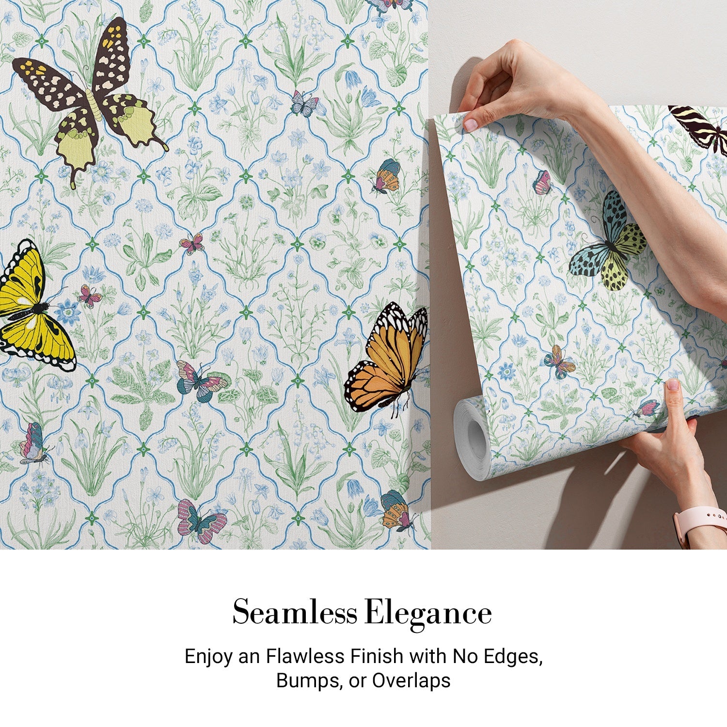 Delicate damask pattern with colorful butterflies and eyelash details on soft mint background - view 3 - final