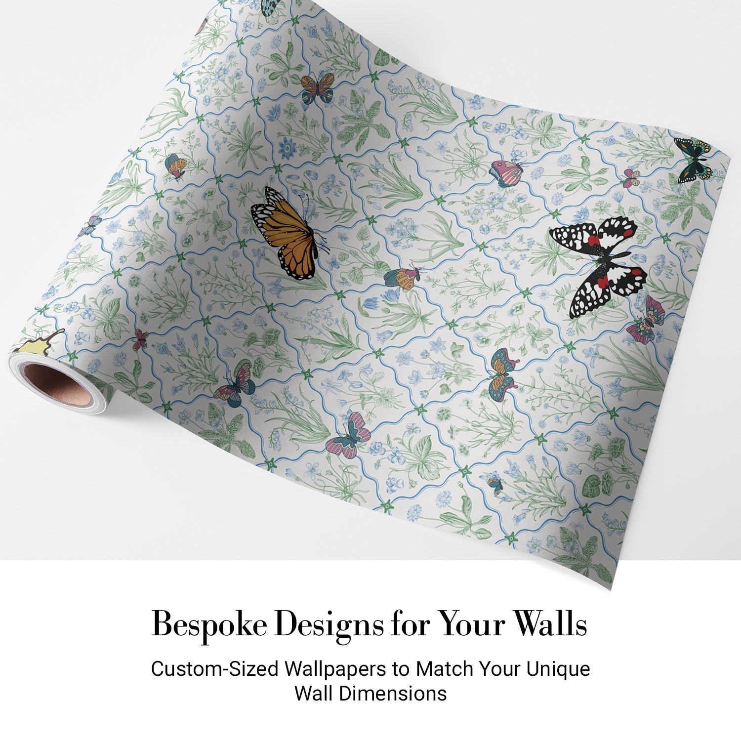 Delicate damask pattern with colorful butterflies and eyelash details on soft mint background - view 4 - final