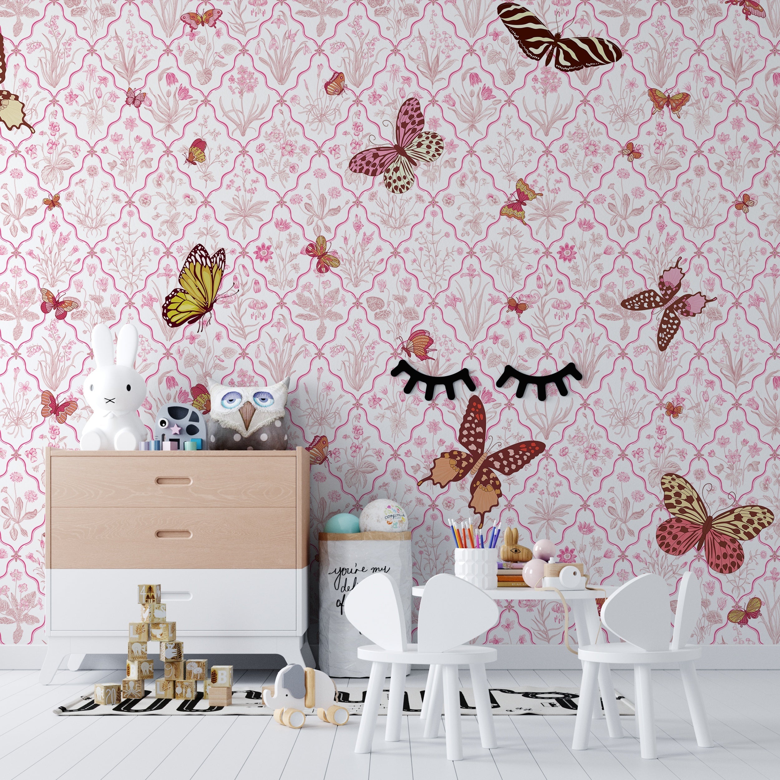 Delicate damask pattern with colorful butterflies and eyelash details on soft mint background - view 8 - final