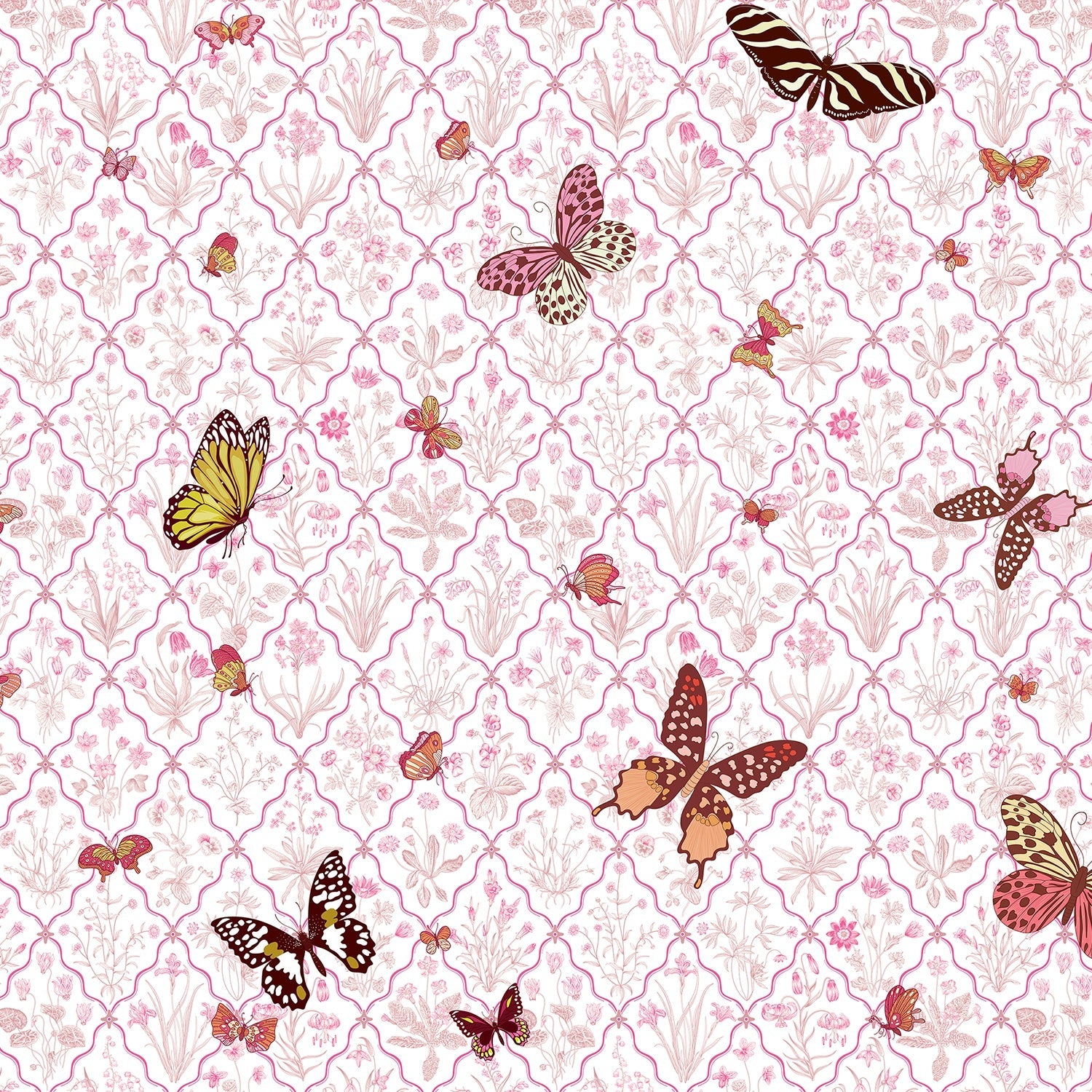 Delicate damask pattern with colorful butterflies and eyelash details on soft mint background - view 9 - final