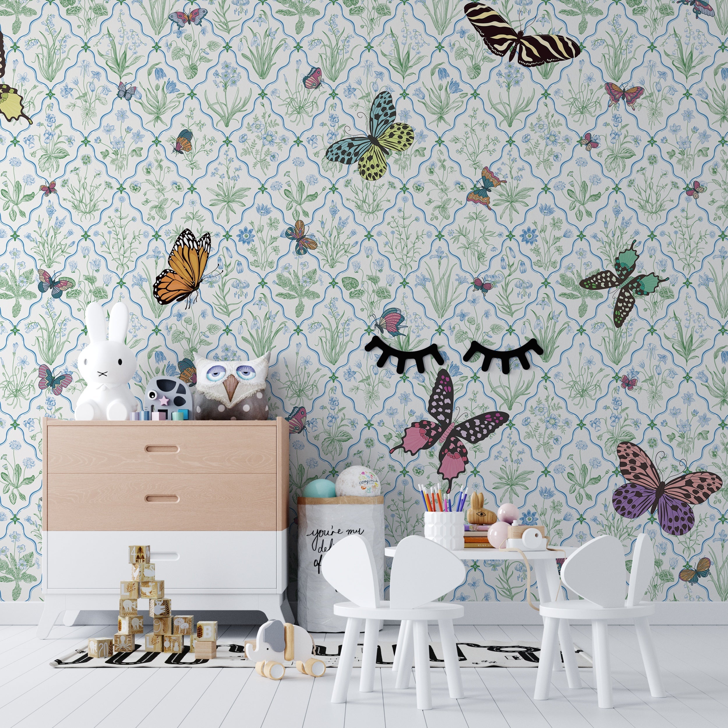 Delicate damask pattern with colorful butterflies and eyelash details on soft mint background - final kids-room
