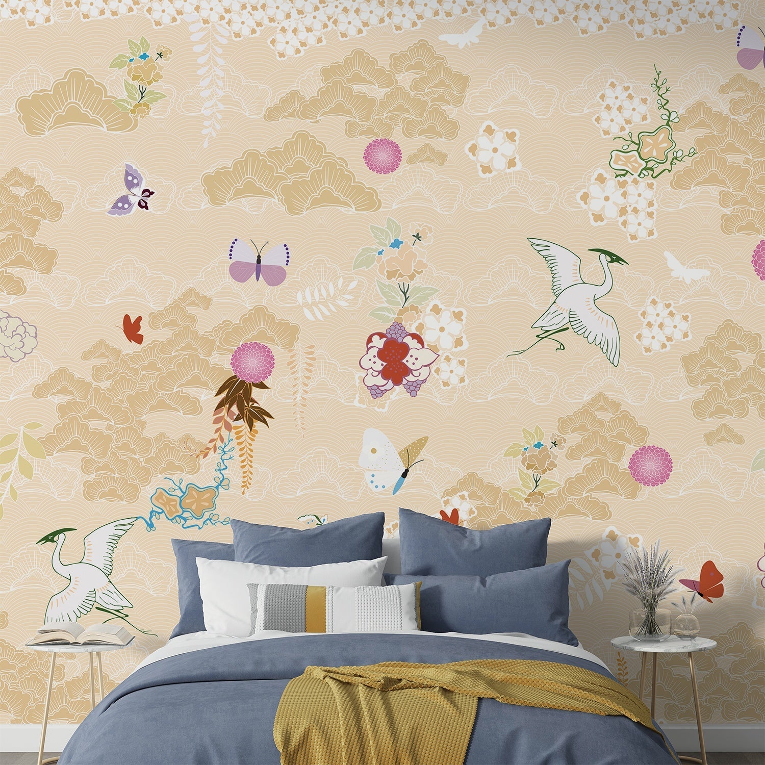 Dreamy blue chinoiserie mural with flying cranes, butterflies and delicate coral florals - view 10 - final