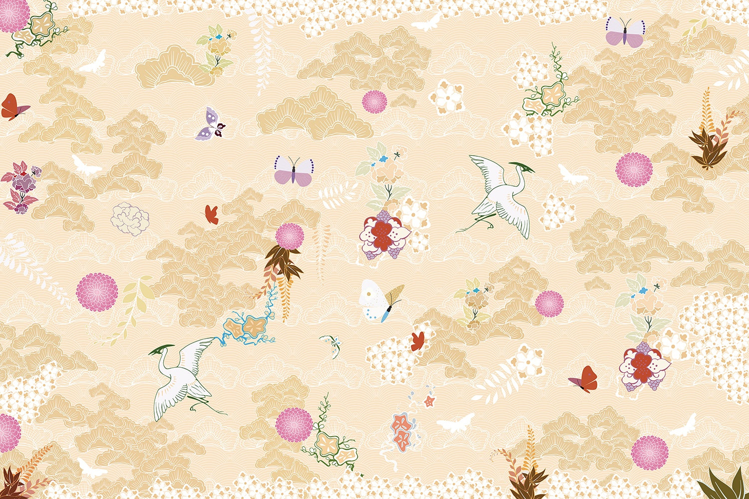 Ethereal clouds and herons scenic wallpaper in lea - "chinoiserie" wallpaper mural-inequal final