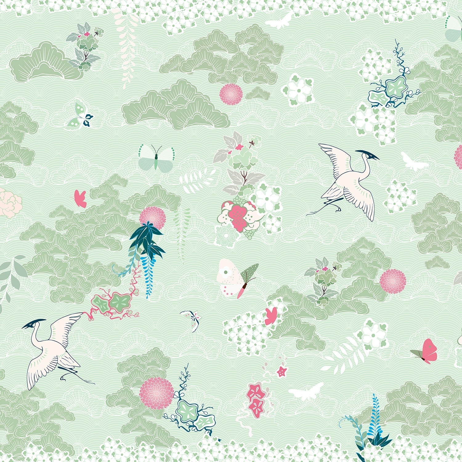 Dreamy blue chinoiserie mural with flying cranes, butterflies and delicate coral florals - view 14 - final